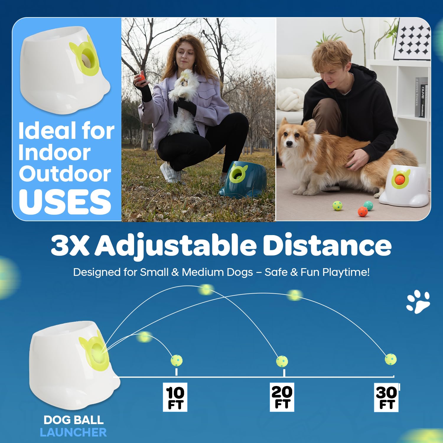 JolyBay Automatic Small Dog Ball Launcher - Remote Control Fetch Machine for Medium Dogs, White, Includes 6 Washable Balls, Training Clicker