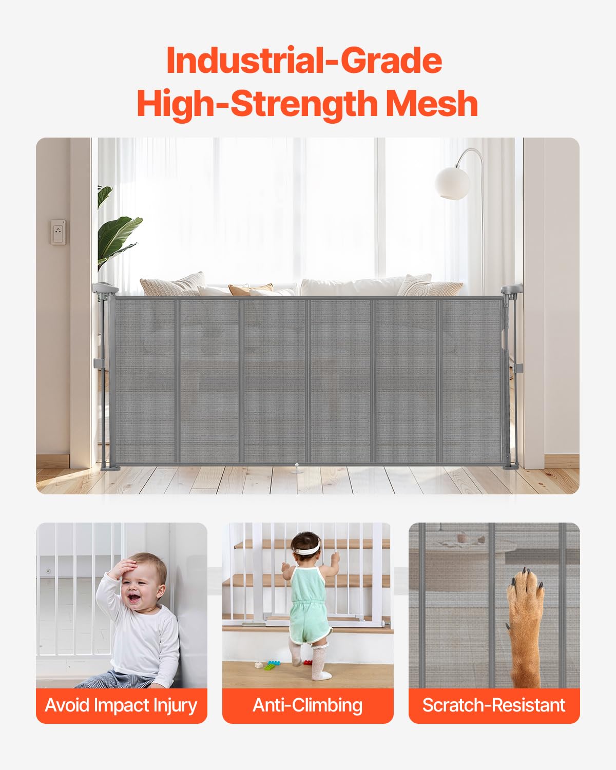 VEVOR Retractable Baby Gate, 34 inch Tall, Extends up to 71 inch Wide, Retractable Gate for Kids or Pets, Mesh Material, Easy to