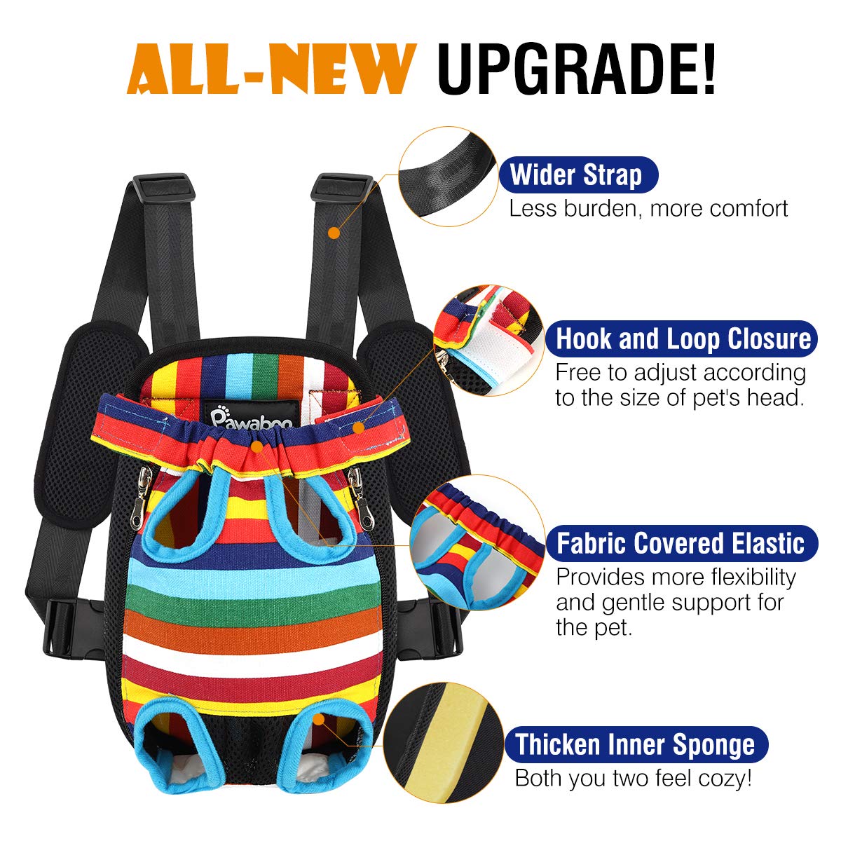Pawaboo Pet Carrier Backpack, Adjustable Pet Front Cat Dog Carrier Backpack Travel Bag, Legs Out, Easy-Fit For Traveling Hiking Camping For Small Medium Dogs Cats Puppies, Medium, Colorful Strips