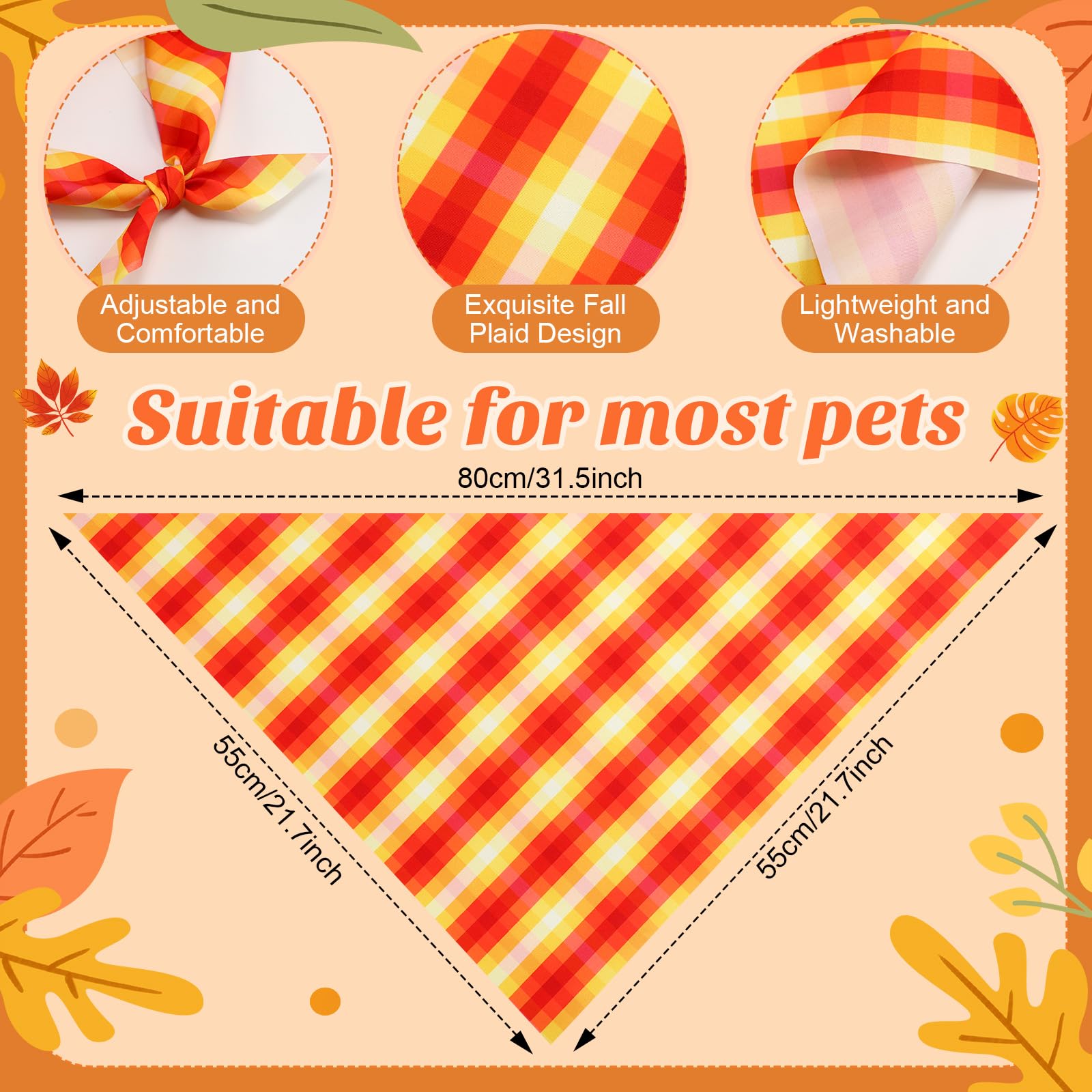 Weewooday 50 Pcs Fall Dog Bandanas Bulk Plaid Bandanas for Dogs Autumn Soft Doggie Bibs Adjustable Triangle Scarves for Small Me