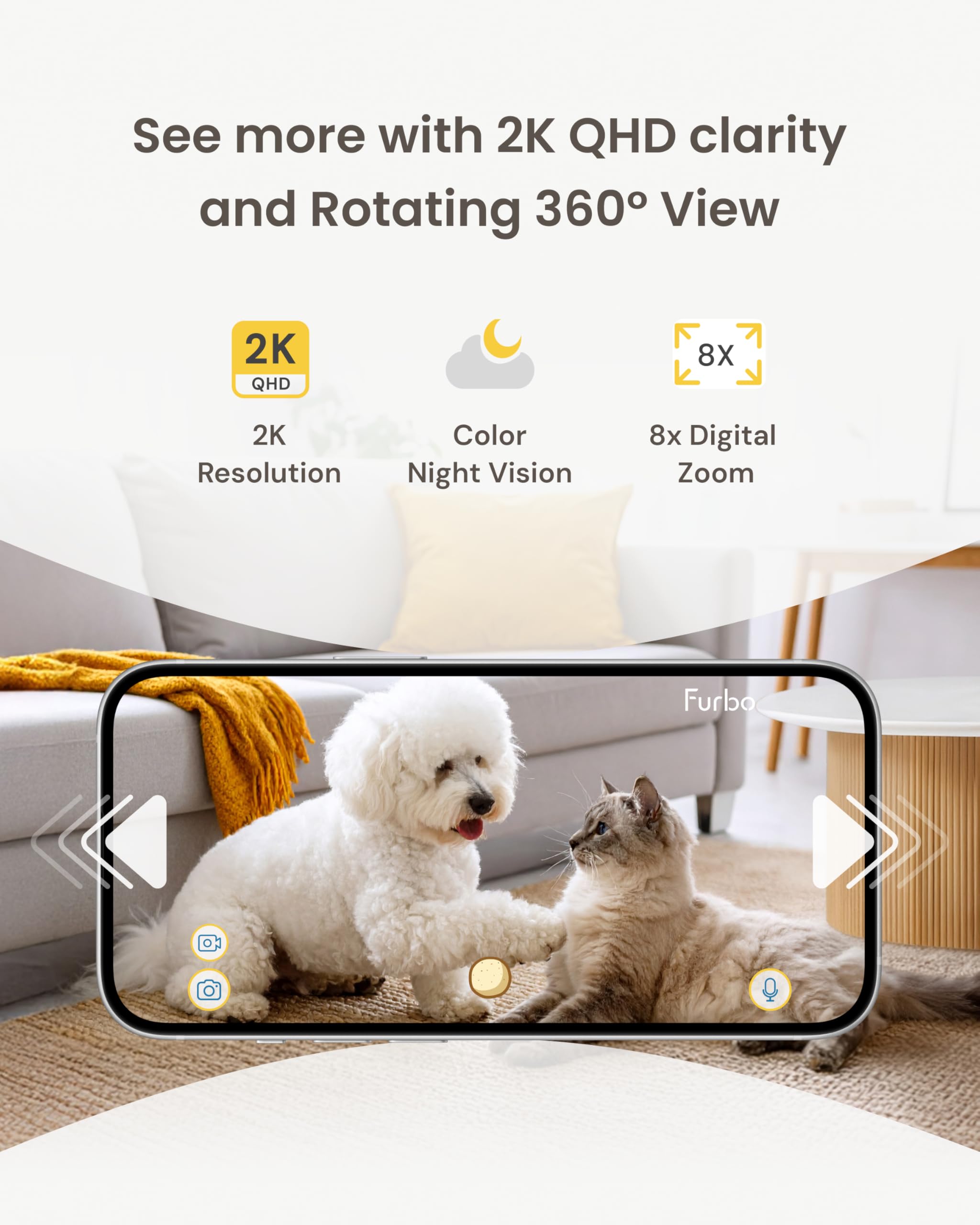 Furbo Mini 360 [New] 2K QHD Pet Camera: Dog & Cat Rotating Treat Dispenser w/Phone App, Smart Indoor Cam with 2-Way Speaker & Ni