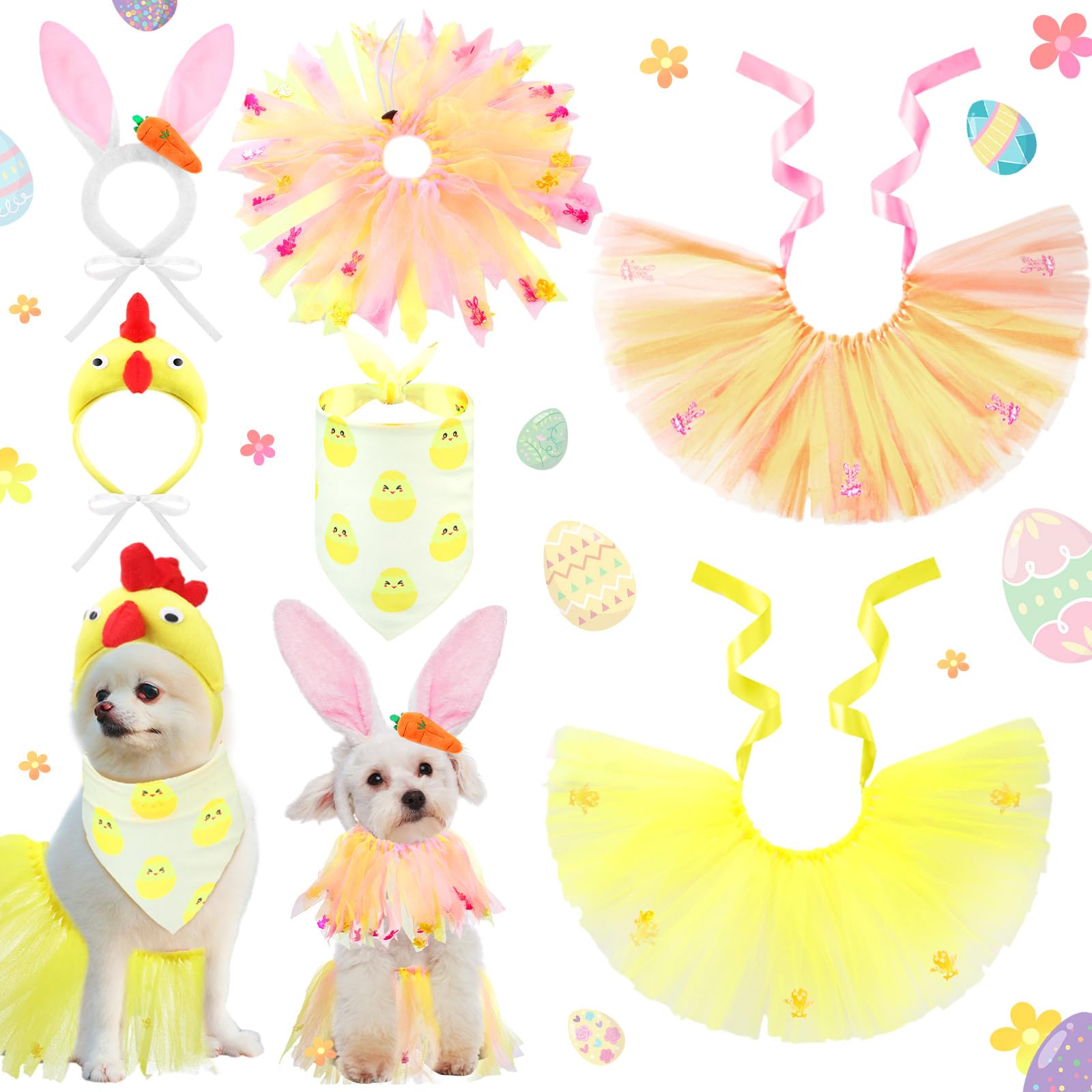 Huhumy 6 Pcs Adjustable Dog Easter Costumes Include Bunny Ears And Chick Headband Dog Bandana Easter Collar Tulle Tutu For Small