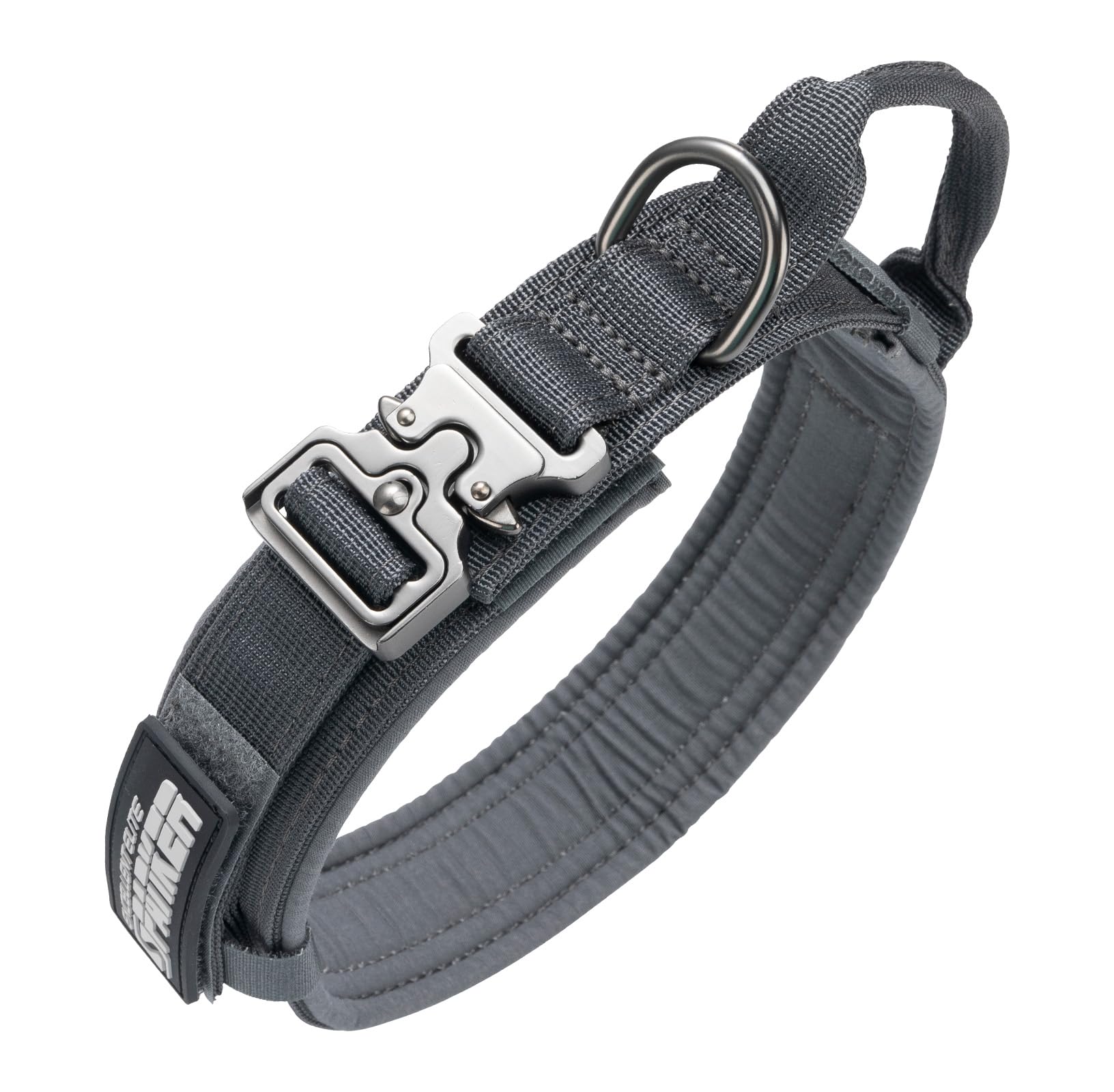 Excellent Elite Spanker Tactical Dog Collar Nylon Adjustable K9 Collar Military Dog Collar Heavy Duty Metal Buckle With Handle (Grey-Xl)