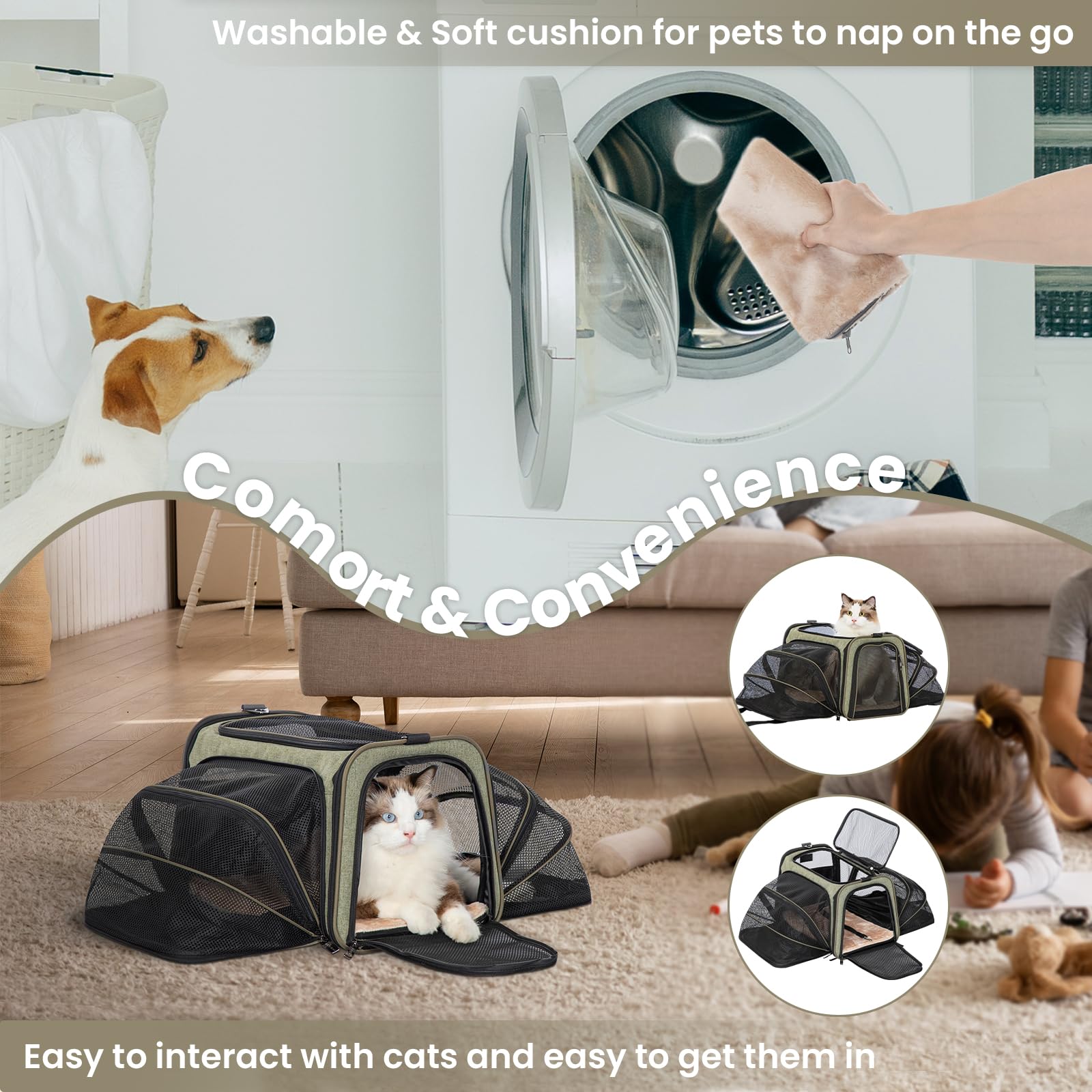 Petsfit 16 Expandable Rabbit Carrier - Airline Approved, Green, Soft Washable Cushion, Self-Locking Zipper, Built-in Safety Rope, Travel Friendly