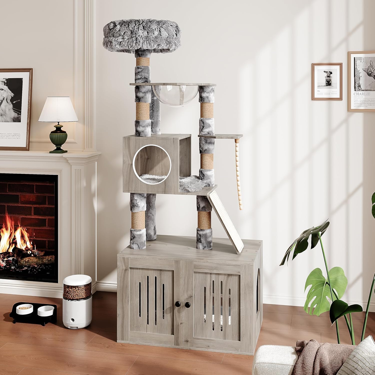 Garvee Cat Litter Box Enclosure with Cat Tree Tower and Condo, Hidden Cat Washroom Furniture with Sisal Scratching Post and Soft