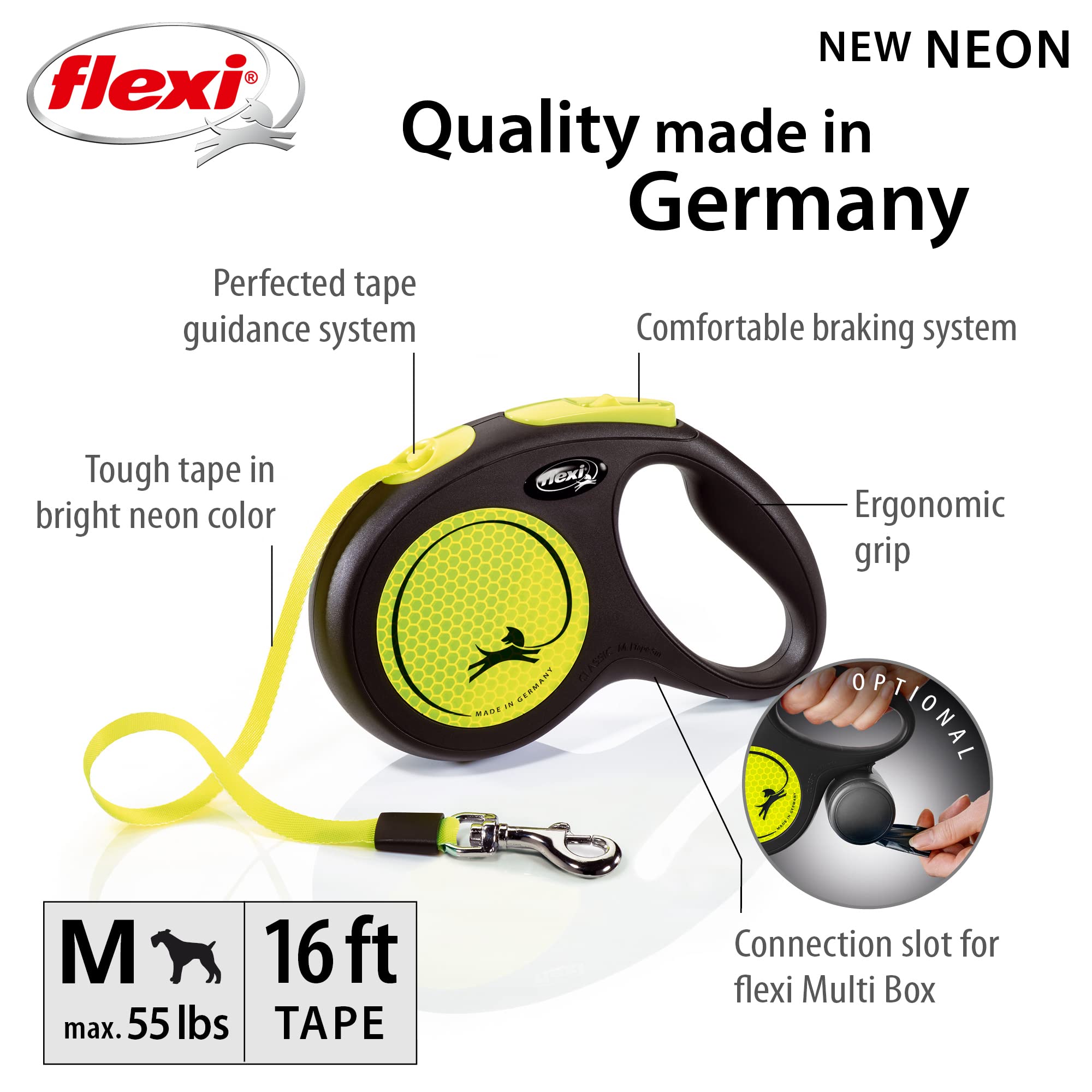 FLEXI® Neon Retractable Dog Leash, 16 ft Medium, Ergonomic Durable Tangle-Free, Black/Neon