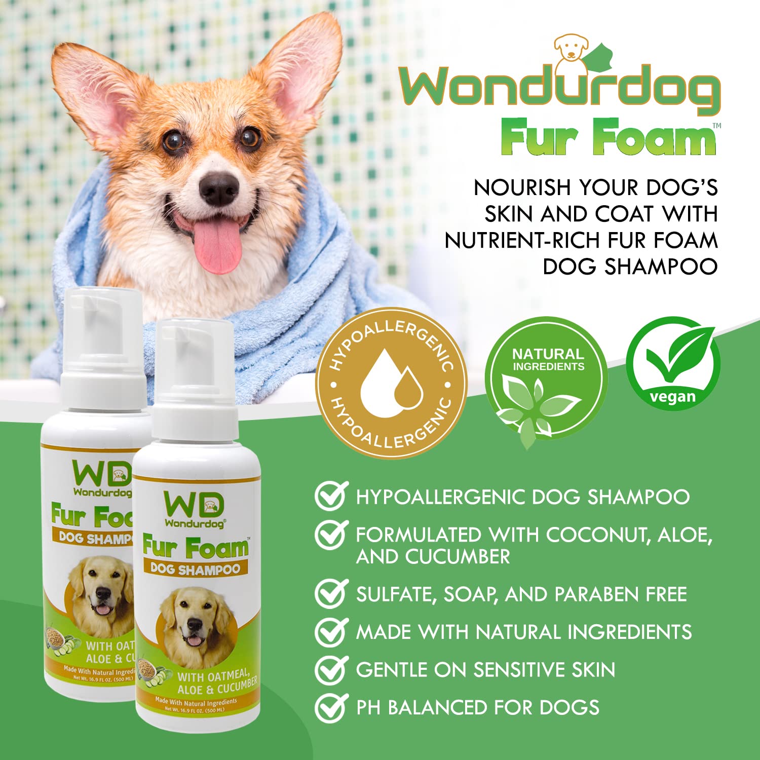 Wondurdog Fur Foam Dog Shampoo With Oatmeal, Coconut And Aloe. Hypoallergenic, Softens Coat, Moisturizes Dry Skin, Restores Shin