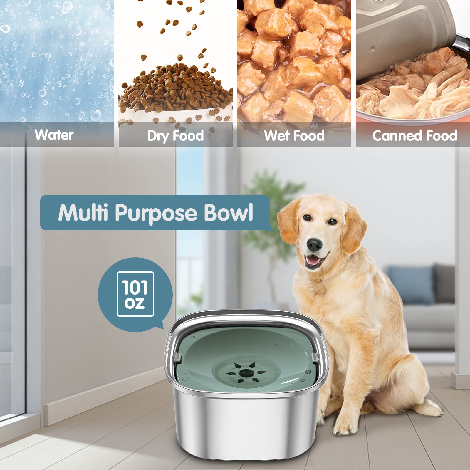 UPSKY 3L Dog Water Bowl 101oz Stainless Steel Dog Bowl No Spill Large Capacity Dog Food Water Bowl Slow Water Feeder, Spill Proo