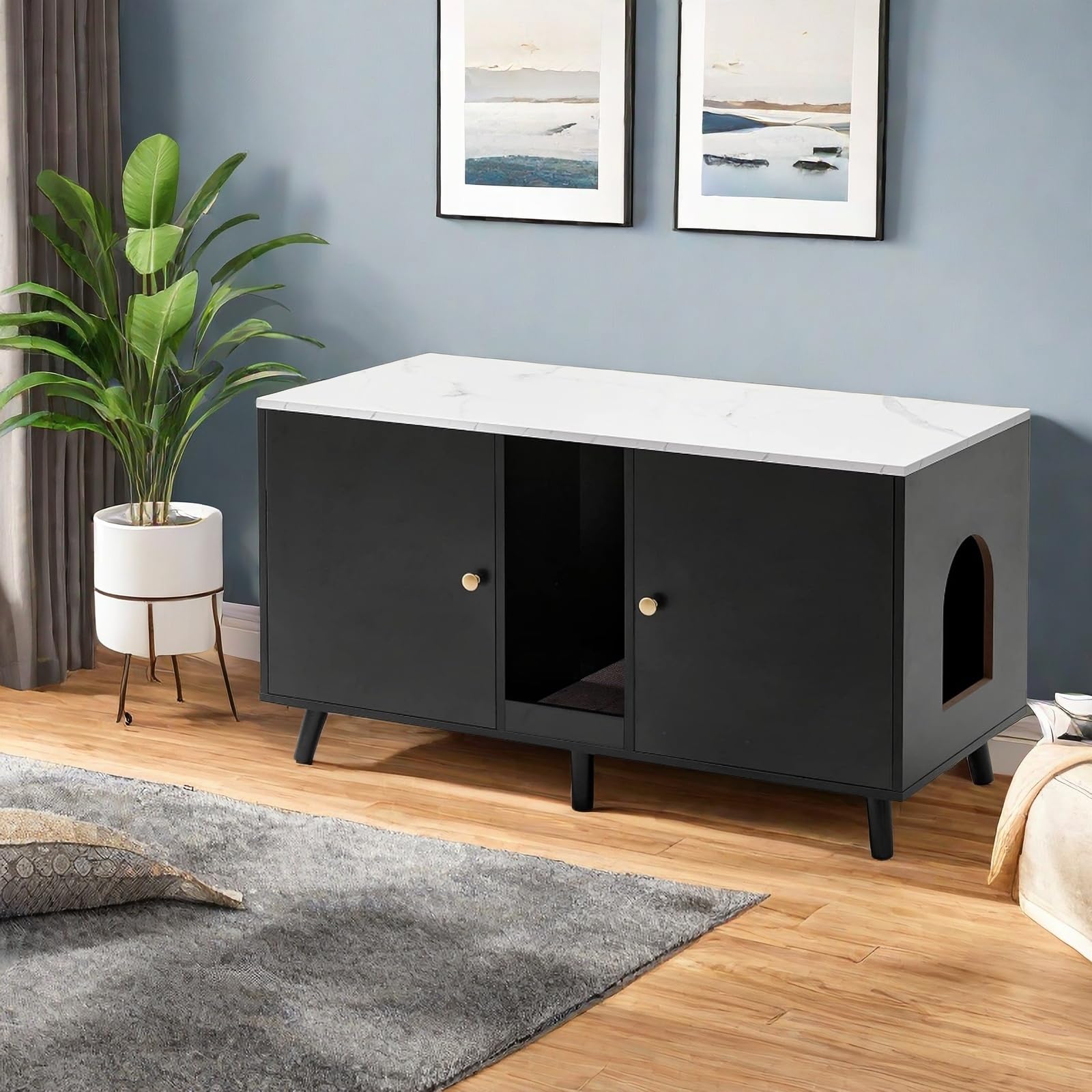 Janflyhome Litter Box Enclosure For 2 Cats, Double Hidden Cat Litter Cabinet Furniture With Scratching Pad, 42.5' End Table Tv