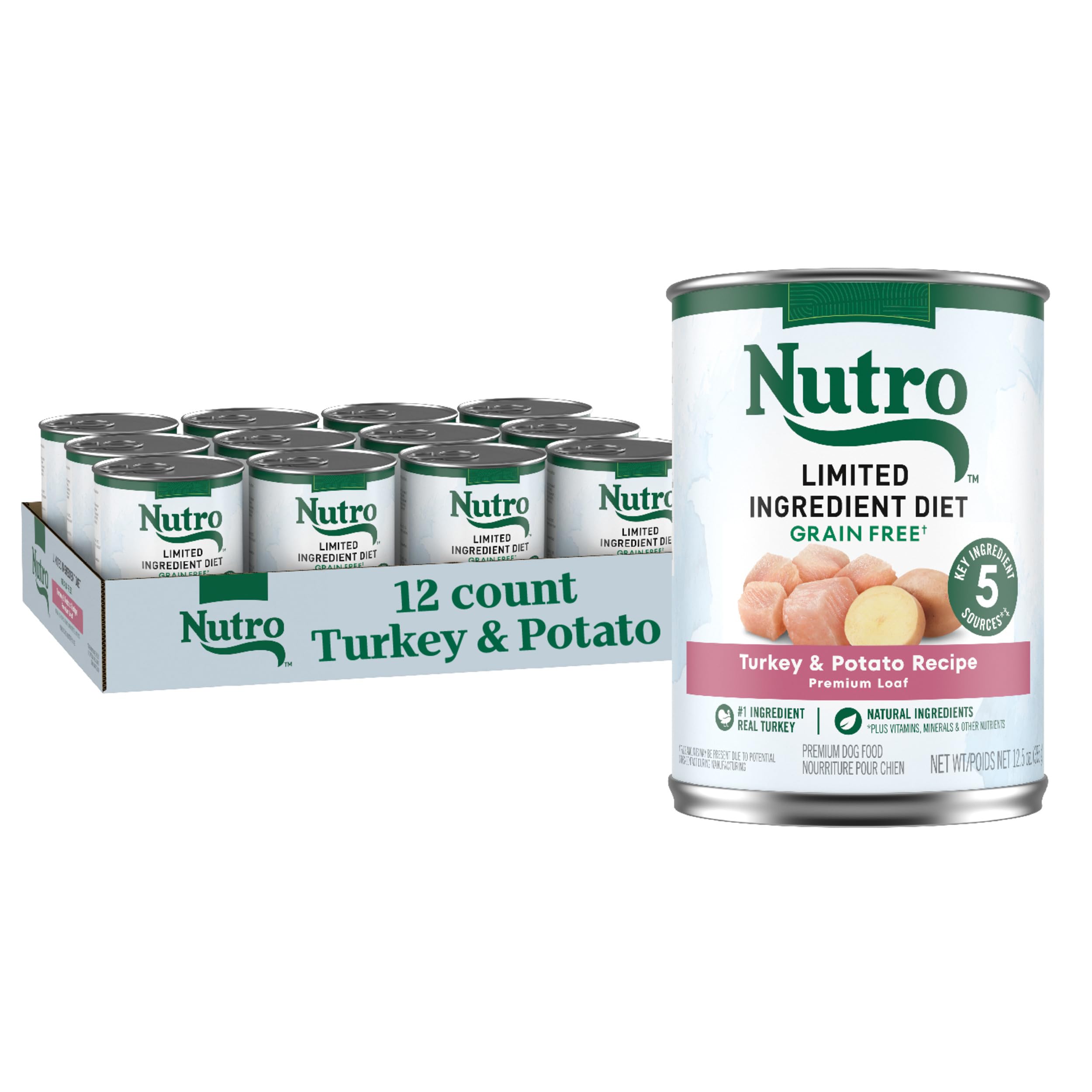 Nutro Limited Ingredient Diet Adult Canned Soft Wet Dog Food Premium Loaf Turkey & Potato Recipe, 12.5 oz. cans (12 Count, Pack 