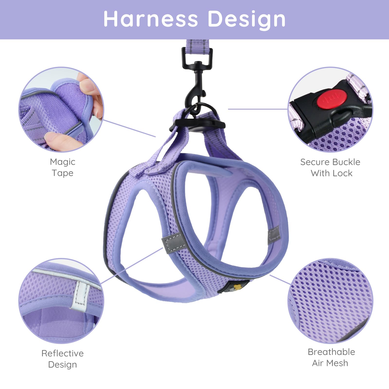 Bella & Pal Small Dog Harness, Lavender, L, Animal Harness With Leash Set, No Pull, Step In, Reflective, Mesh, For Extra Small D