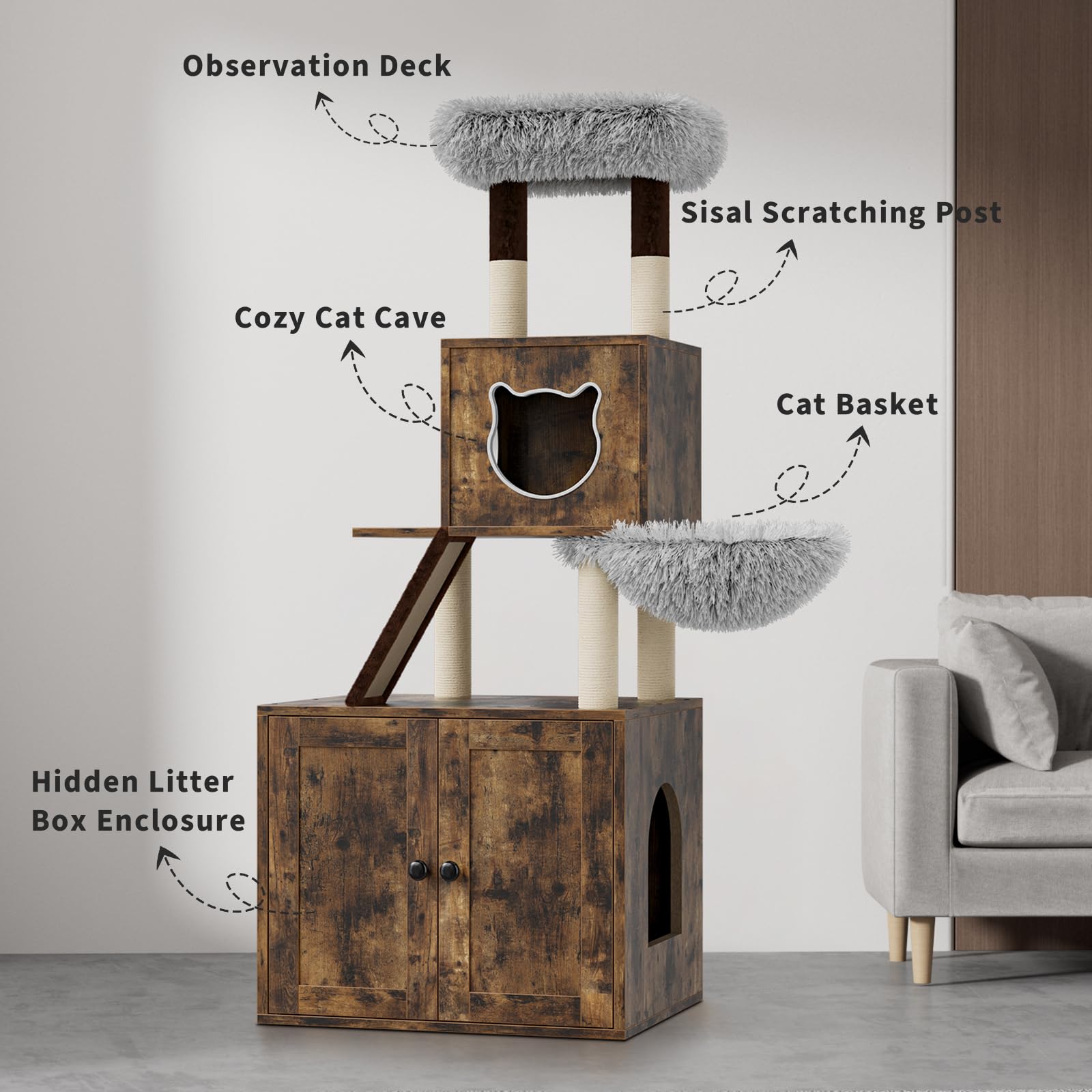 Litter Box Enclosure with Cat Tree Tower and Condo, Hidden Cat Washroom Furniture with Sisal Scratching Post & Soft Plush Perch,