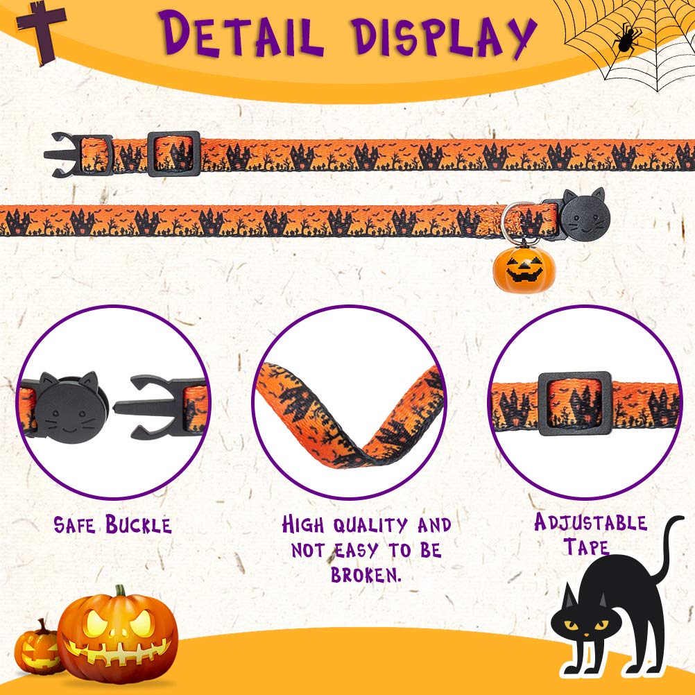 Kooltail Breakaway Cat Collar With Bells - 3 Pack Halloween Cat Collar With Pumpkin Ghost Patterns Safety Buckle Kitten Collars, Adjustable Cute Pet Collar For Boys And Girls Holiday Costume Orange