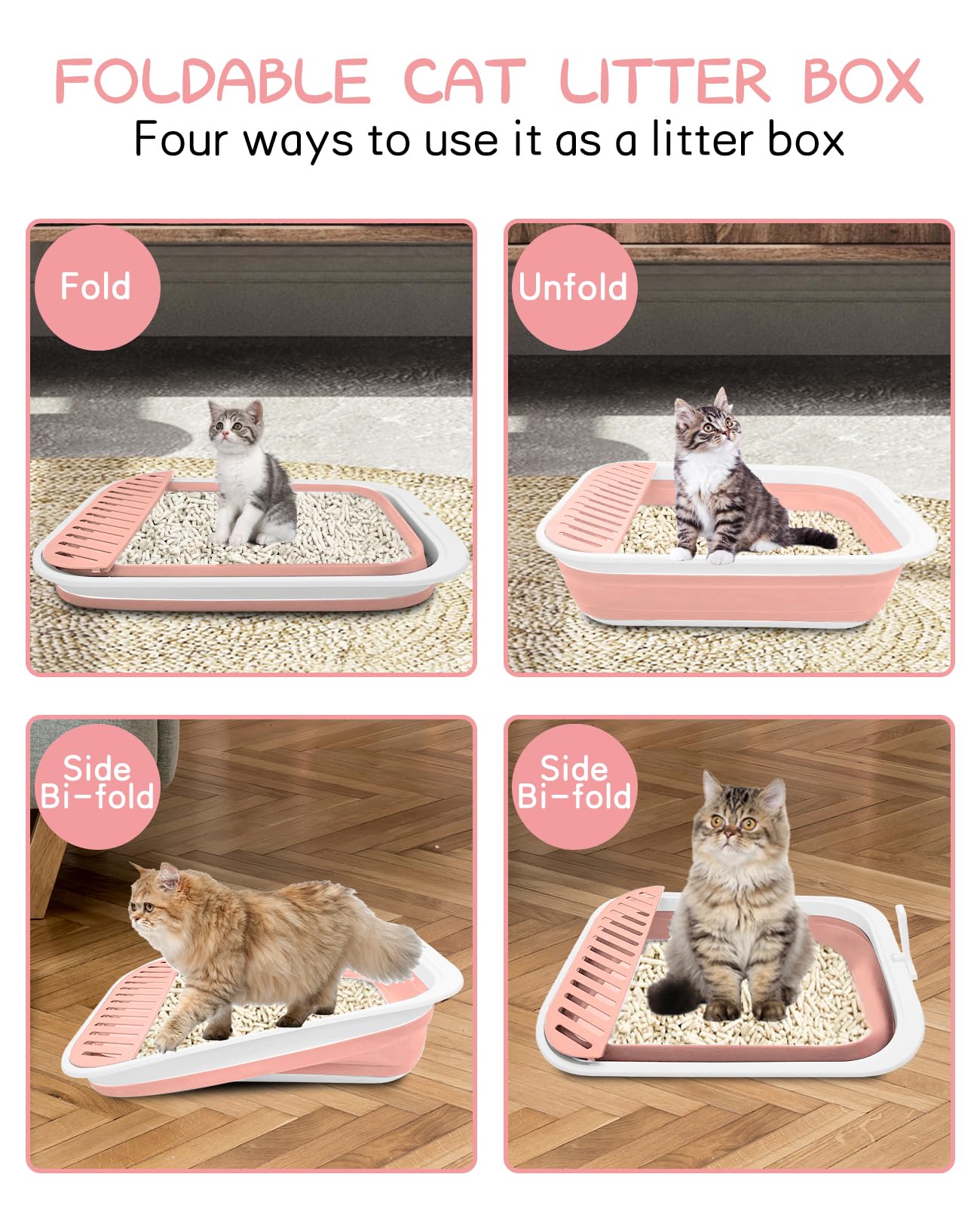 BNOSDM Foldable Small Cat Litter Box - Pink Collapsible Potty Pan for Kittens, Waterproof with Scoop, Ideal for Travel and Senior Cats