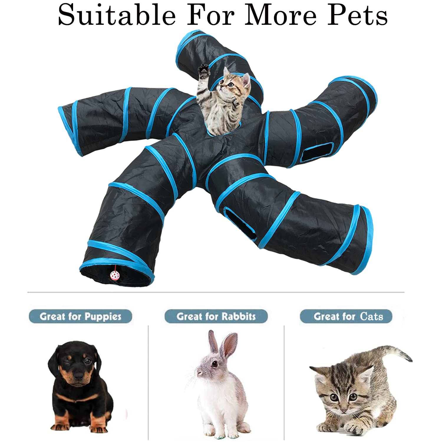 Feesok Cat Tunnel - 5 Way Collapsible Interactive Play Toy, 2 Feet, Black, Polyester, S-Shaped Maze with 6 Peek Holes