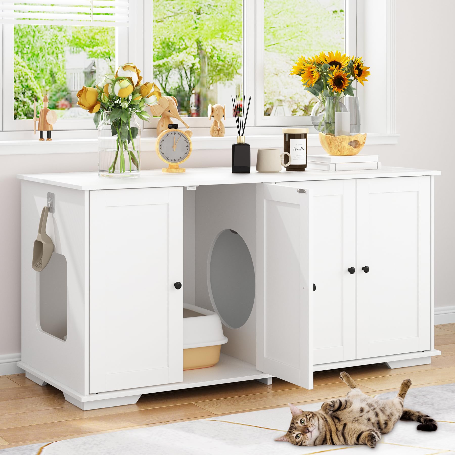 Moolive Cat Litter Box Enclosure, 47.2'' Double Hidden Litter Box Furniture Cabinet With 4 Doors And Divider, Large Cat Washroom