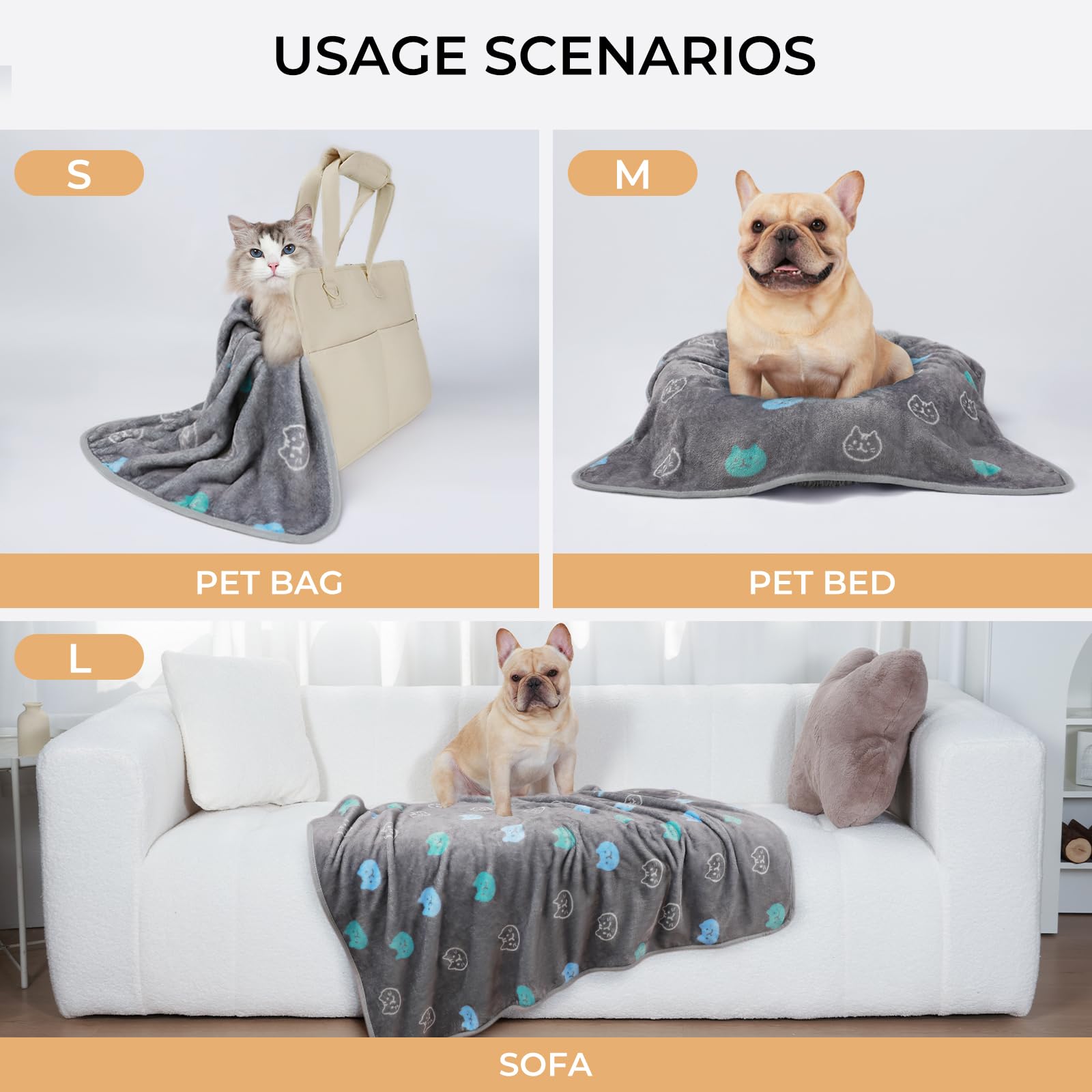 1 Pack 3 Blankets Super Soft Fluffy Premium Cute Cat Pattern Pet Blanket Flannel Throw for Dog Puppy Kitten Blue/Cyan/Grey Mediu