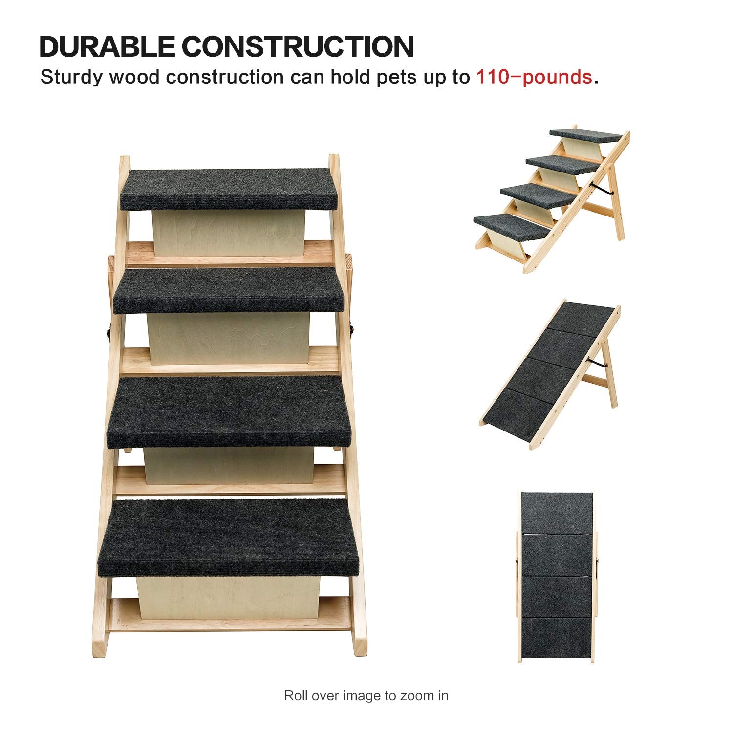 Mewang Wooden Dog Stairs/Steps - Foldable 4 Levels Pet Stairs & Ramp Perfect For Beds And Cars - Portable Dog/Cat Ladder Up To 110 Pounds
