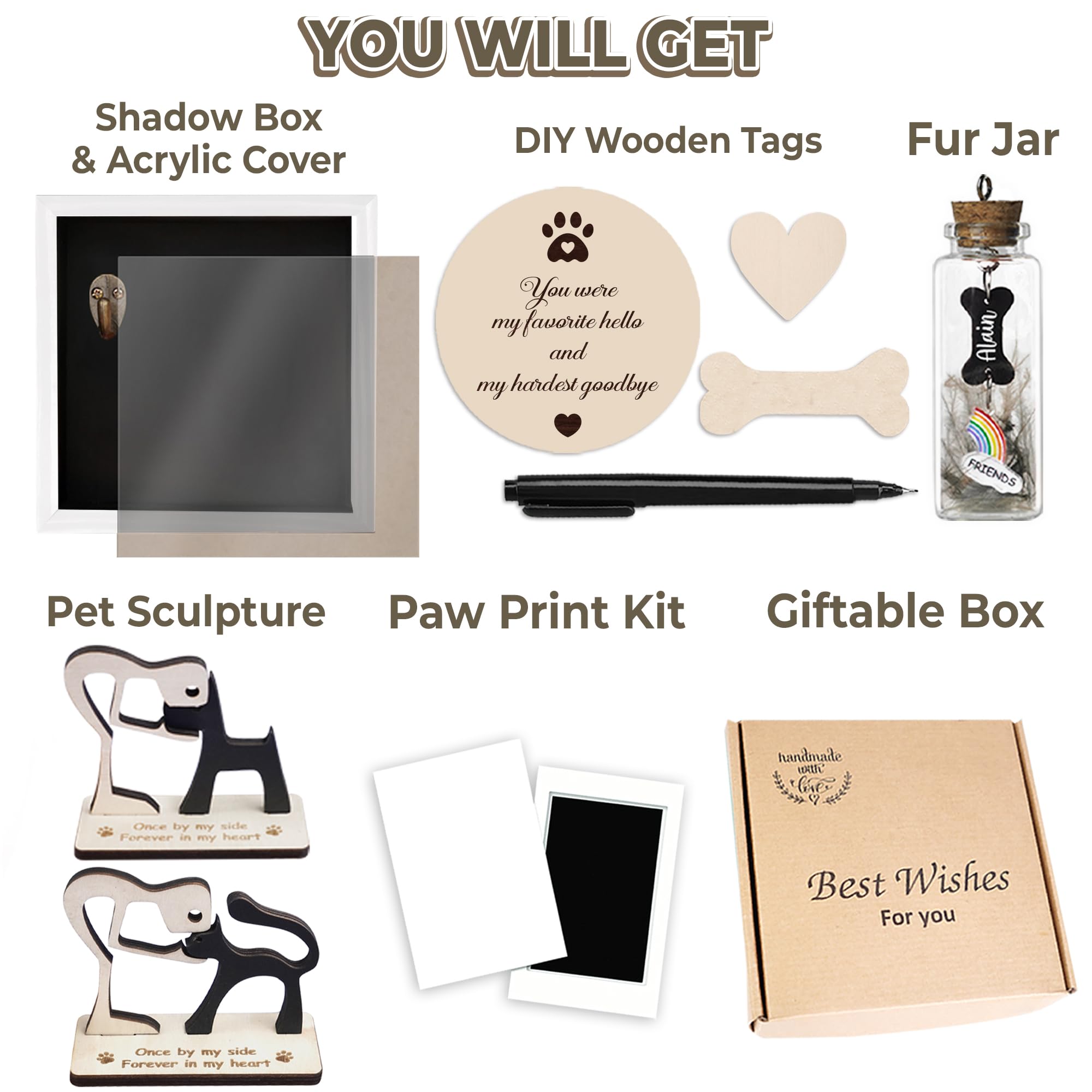 8.6'' Pet Memorial Shadow Box Gift Collar Holder White Picture Frame Paw Print Kit Rainbow Fur Ashes Bottle Pet Wood Sculpture S