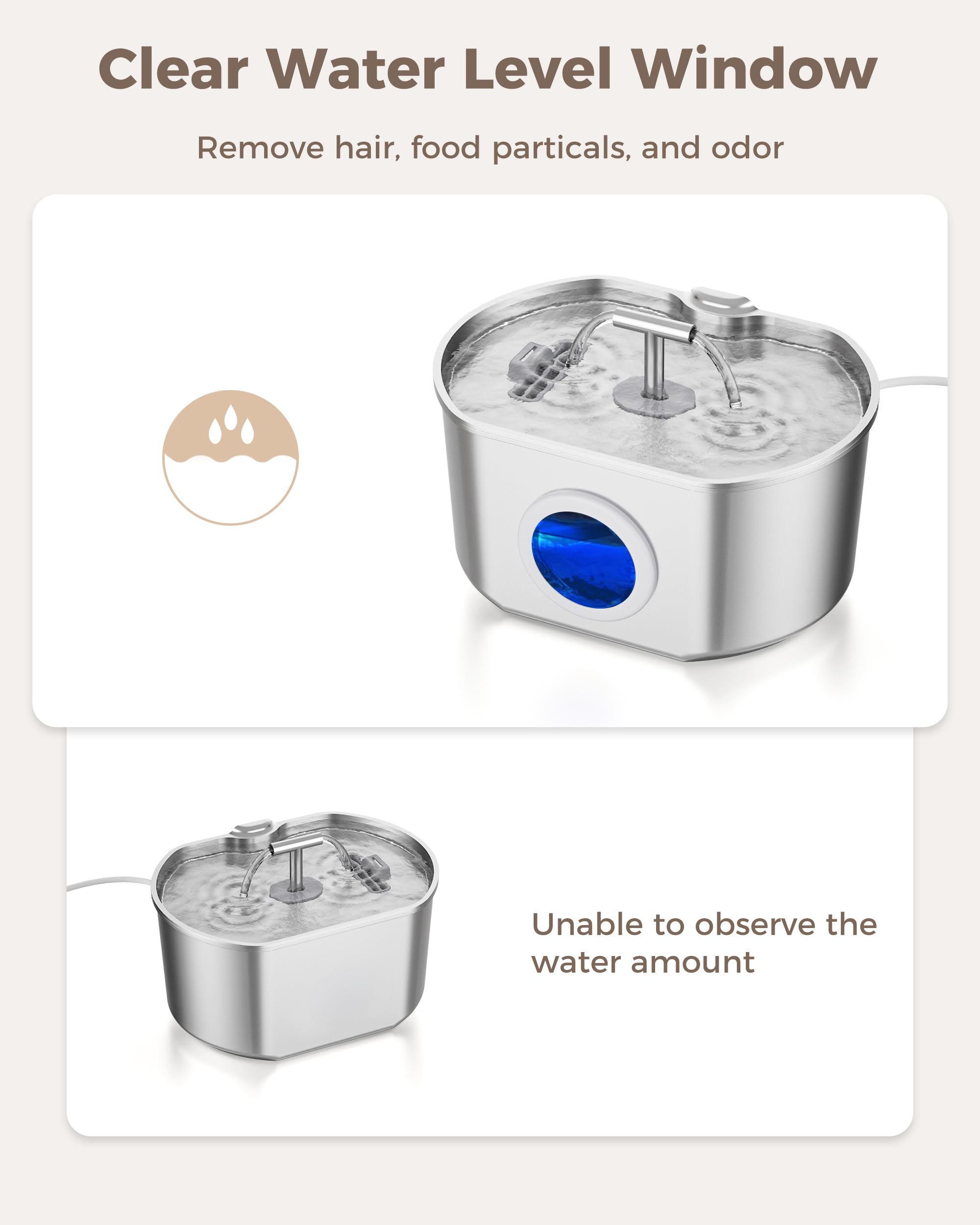 Cat Water Fountain Stainless Steel - Pet Drinking Fountain for Cats Indoor - 2.2L/74oz Automatic Water Dispenser with Watering L