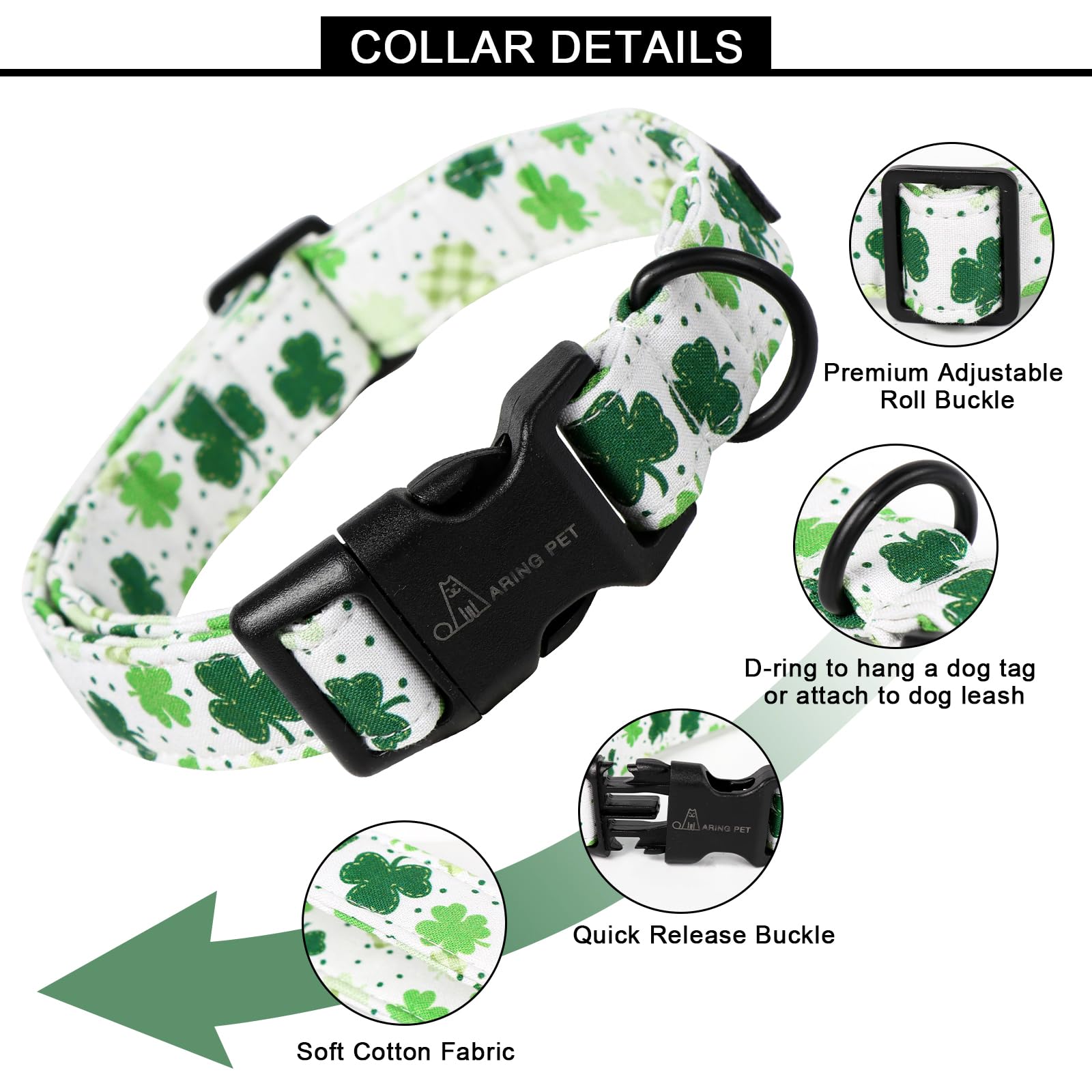 Aring Pet St Patrick'S Day Dog Collar-Cute Clovers Dog Collar, Adjustable Cotton Shamrock Pet Collar Puppy Collars With Quick Re