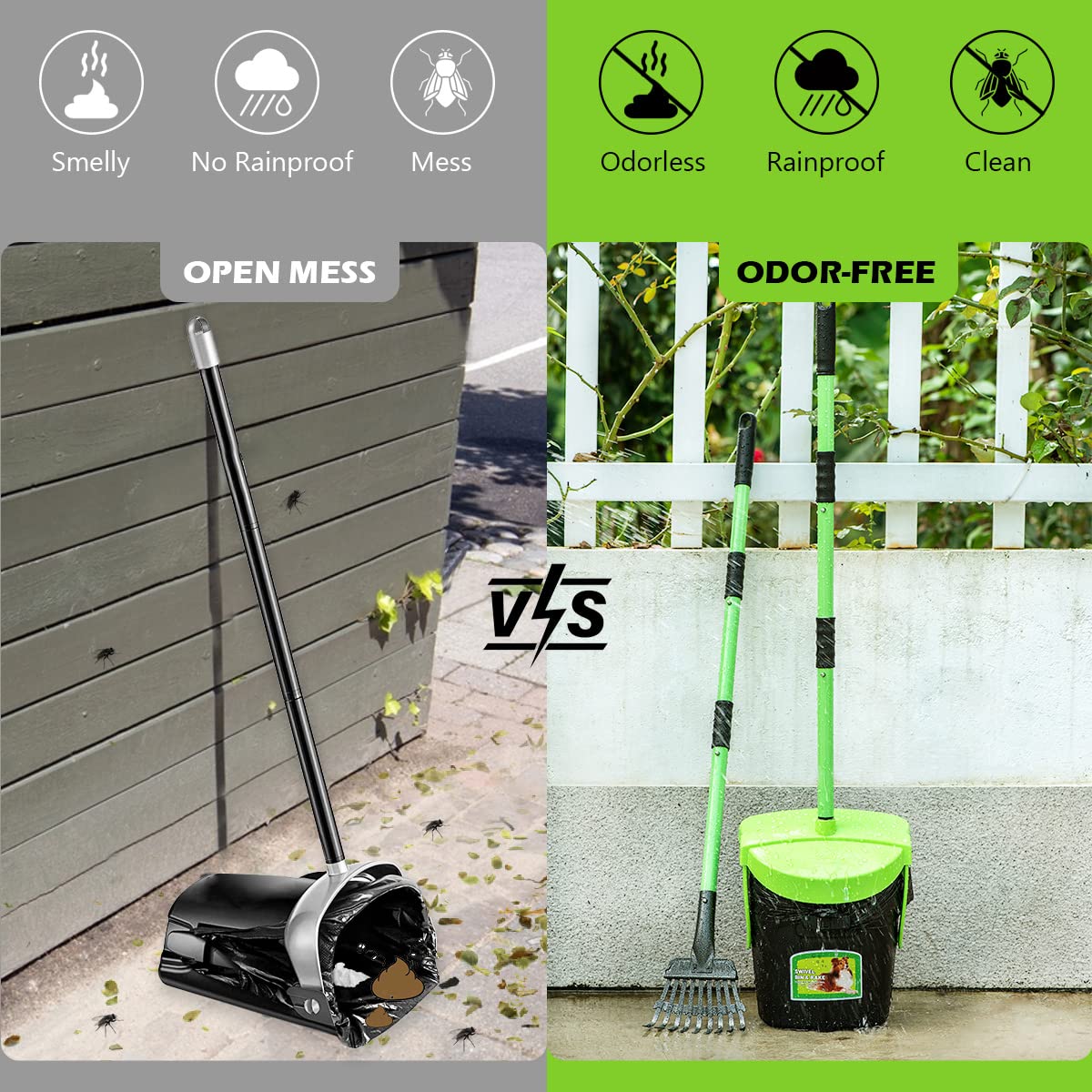 MXF Pooper Scooper Kit with 36.6" Adjustable Handle, Green - Includes Swivel Bin, Rake, and 20 Waste Bags for Dogs