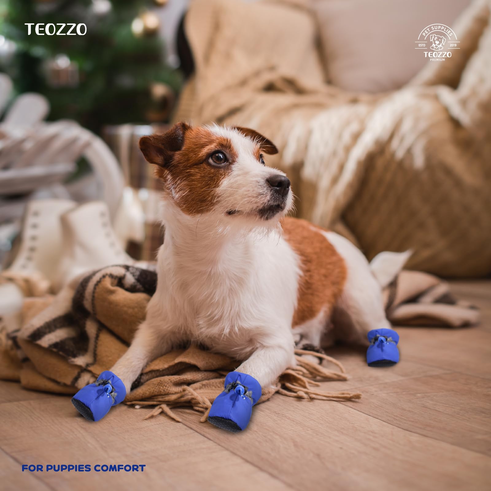 Teozzo Dog Boots & Paw Protector, Anti-Slip Sole Winter Snow Dog Booties With Reflective Straps Dog Shoes For Small Medium Dogs 4Pcs Blue 6