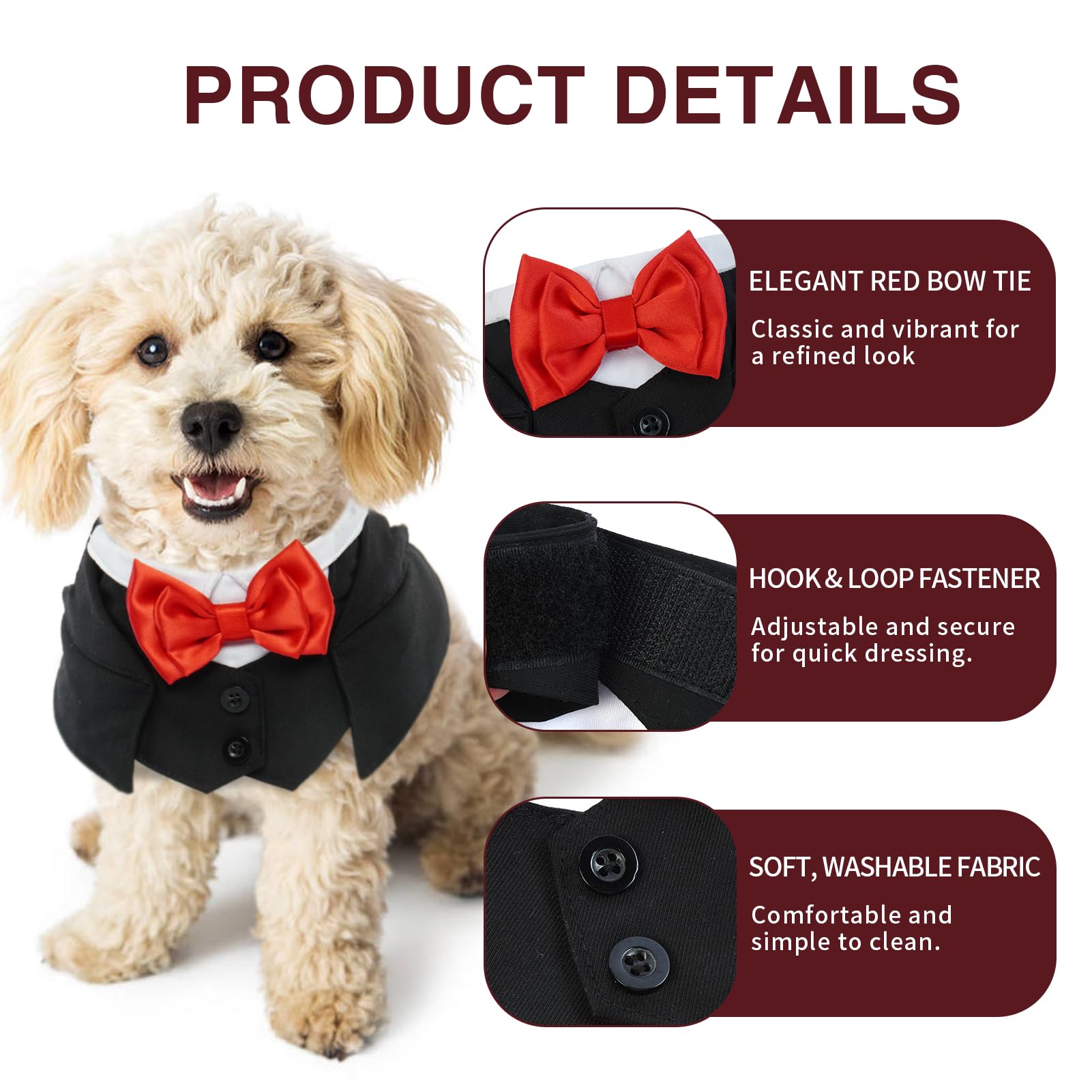 Ikipuko Large Dog Tuxedo Wedding Outfit - Adjustable Collar, Red Bowtie, Formal Dog Costume For Large Dogs, French Bulldog