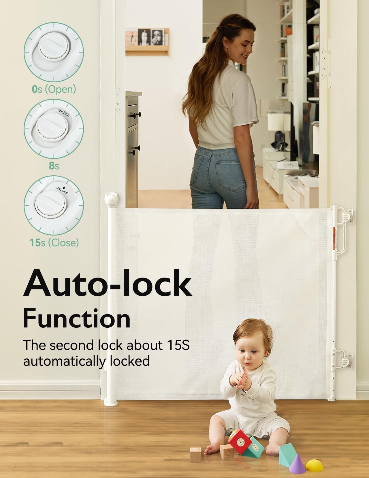 Momcozy Baby Gate, Auto Lock Retractable Baby Gate or Dog Gate, ?Auto Lock?33    Tall, Extends to 55    Wide, Mesh Safety Baby G