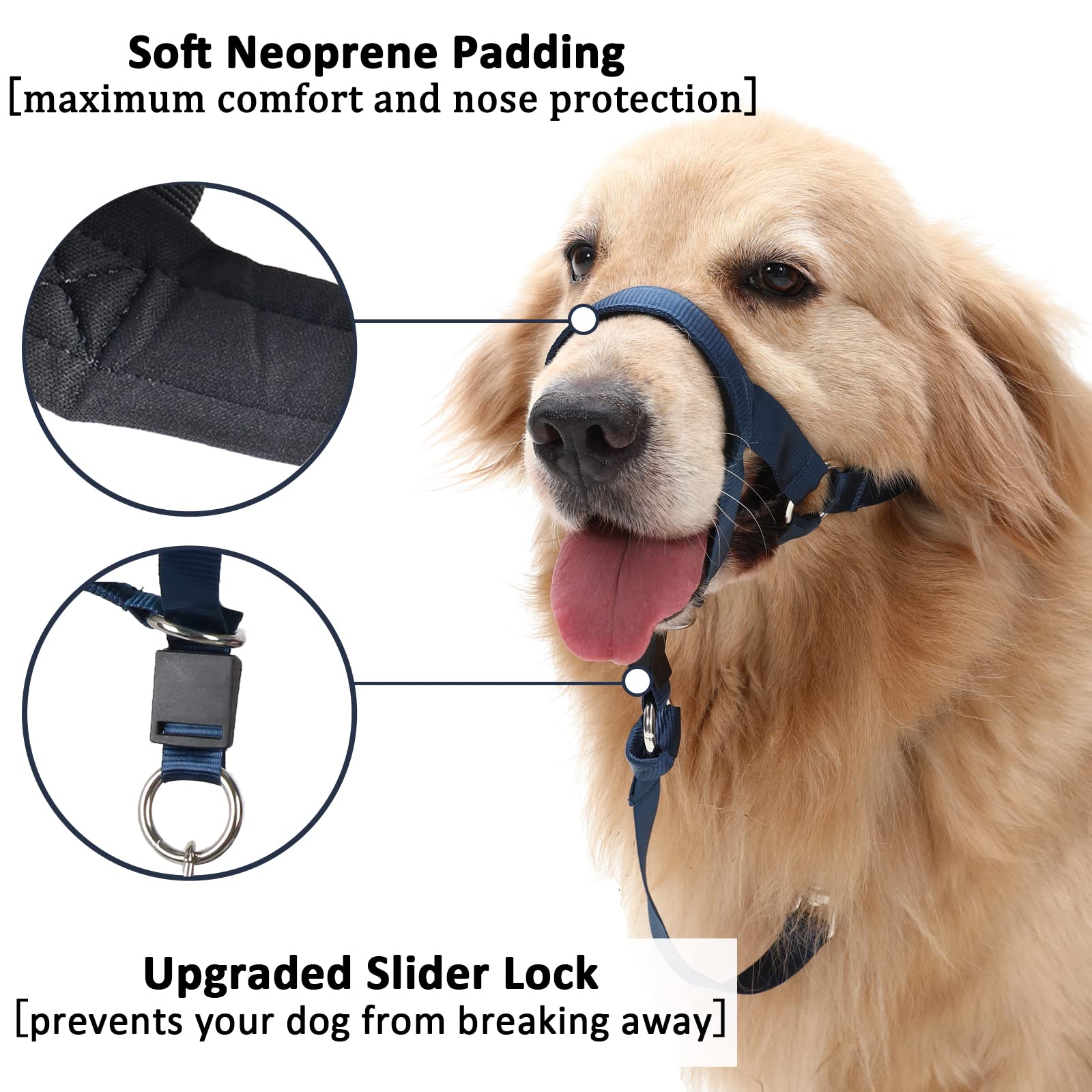 BARKLESS No-Pull Dog Head Collar - Soft Nylon Halter Harness, XL, Navy Blue, Includes Expert Training Guide