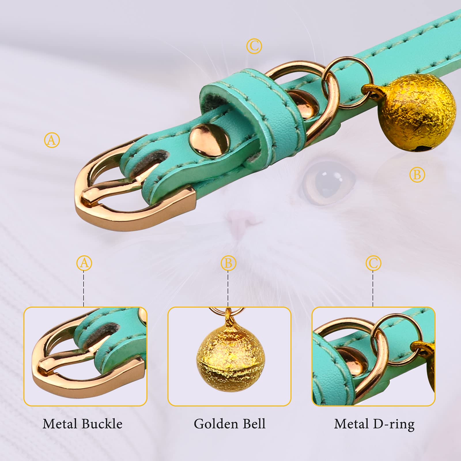 Jamktepat 3 Pack Leather Cat Collars With Bells Soft Pet Safety Collar Kitten Collars With Bell Orange Yellow Mint Green(Xs)