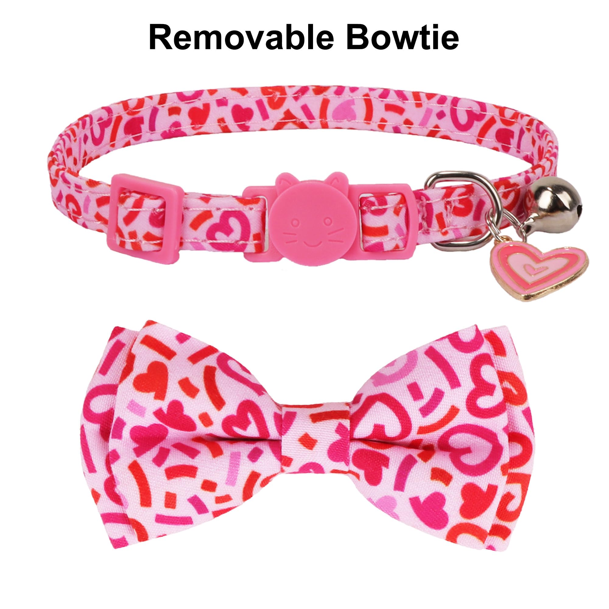 Adoggygo Pink Valentine Cat Collar With Bowtie Bandana, Valentine Kitten Bowtie Collar, Pet Heart Collars For Cat Kitten
