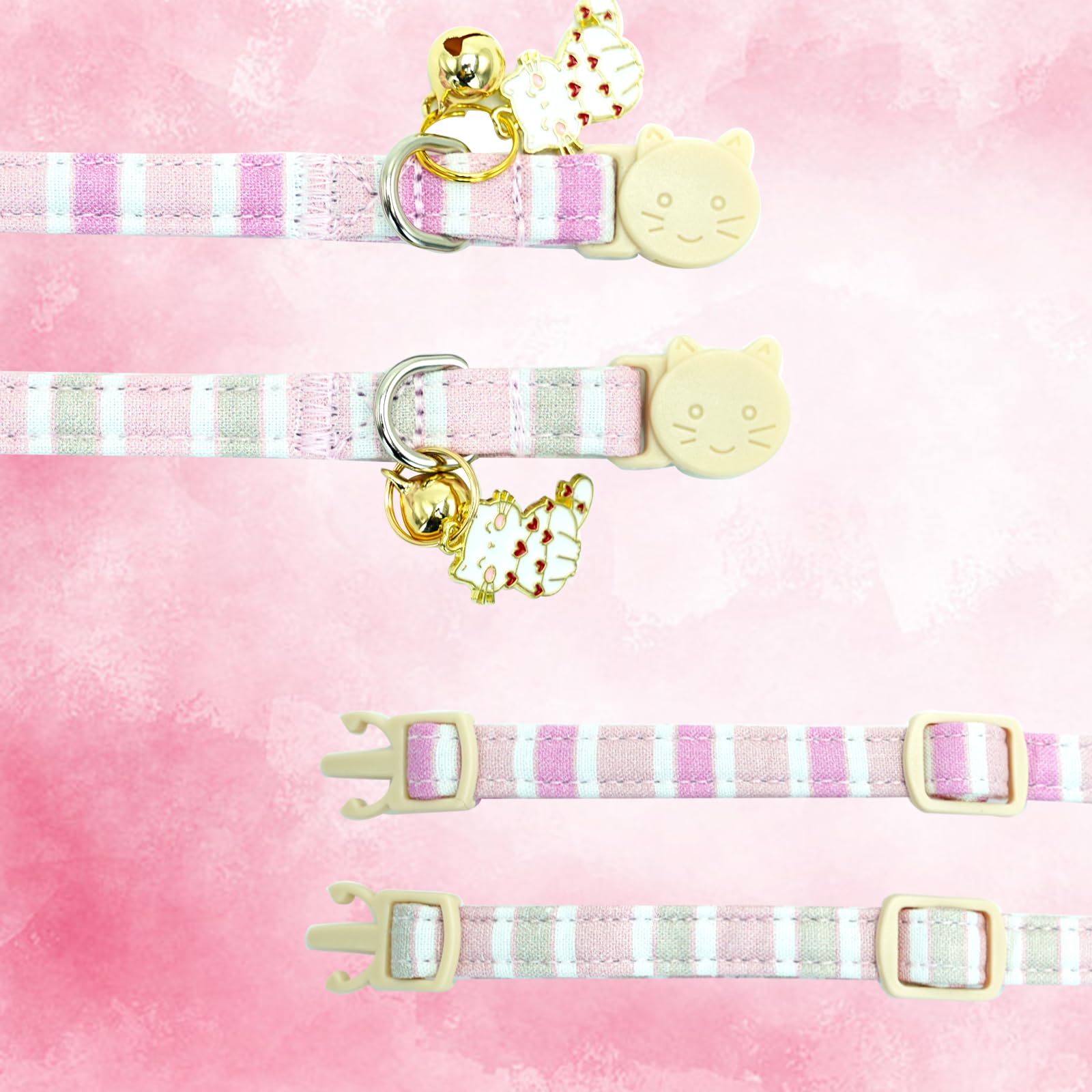 Elegant Little Tail 2 Pack Cat Collar-Pink Strip Cotton Breakaway Cat Collars With Bell Pendant Kitten Girl Safety Adjustable Co