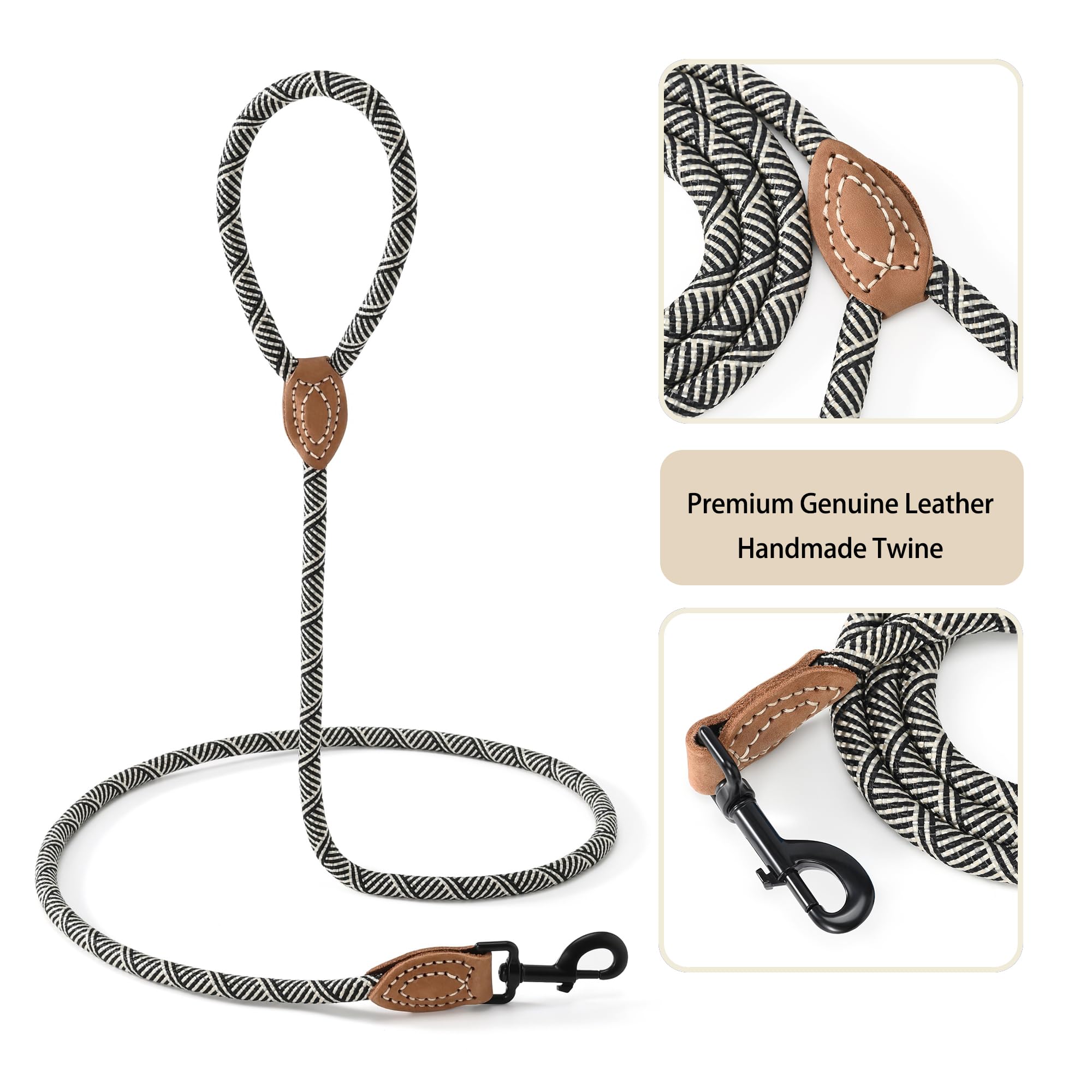 Mile High Life | Mountain Climbing Dog Rope Leash With Heavy Duty Metal Sturdy Clasp | Genuine Leather Tailored Connection With Strong Stitches (White, 48 Inch (Pack Of 1))