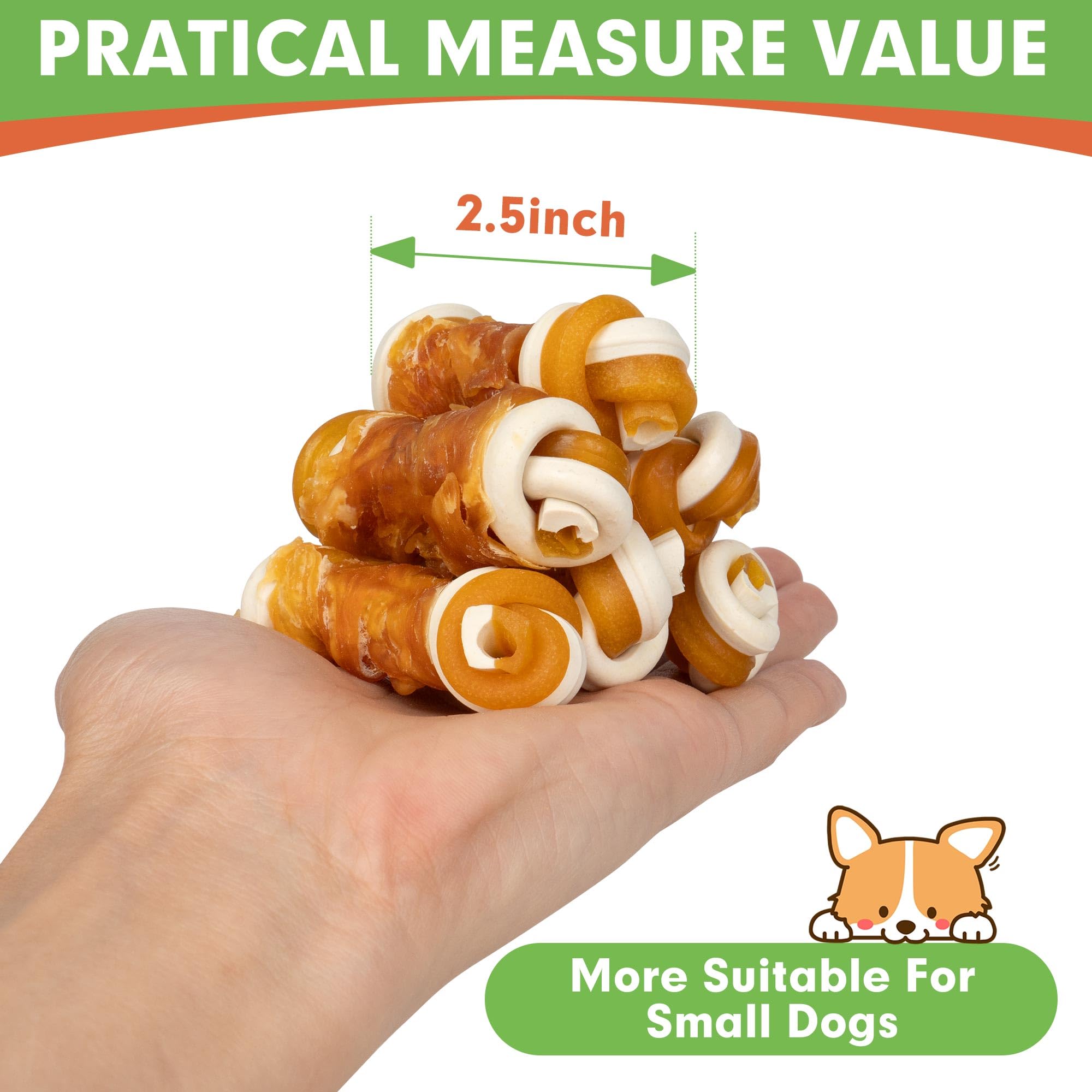 MON2SUN 2.5  Rawhide Free Dog Treats with Mixed Vegetables, Chicken Wrapped Mini Knot Bones for Small Dogs, Healthy Snacks for B