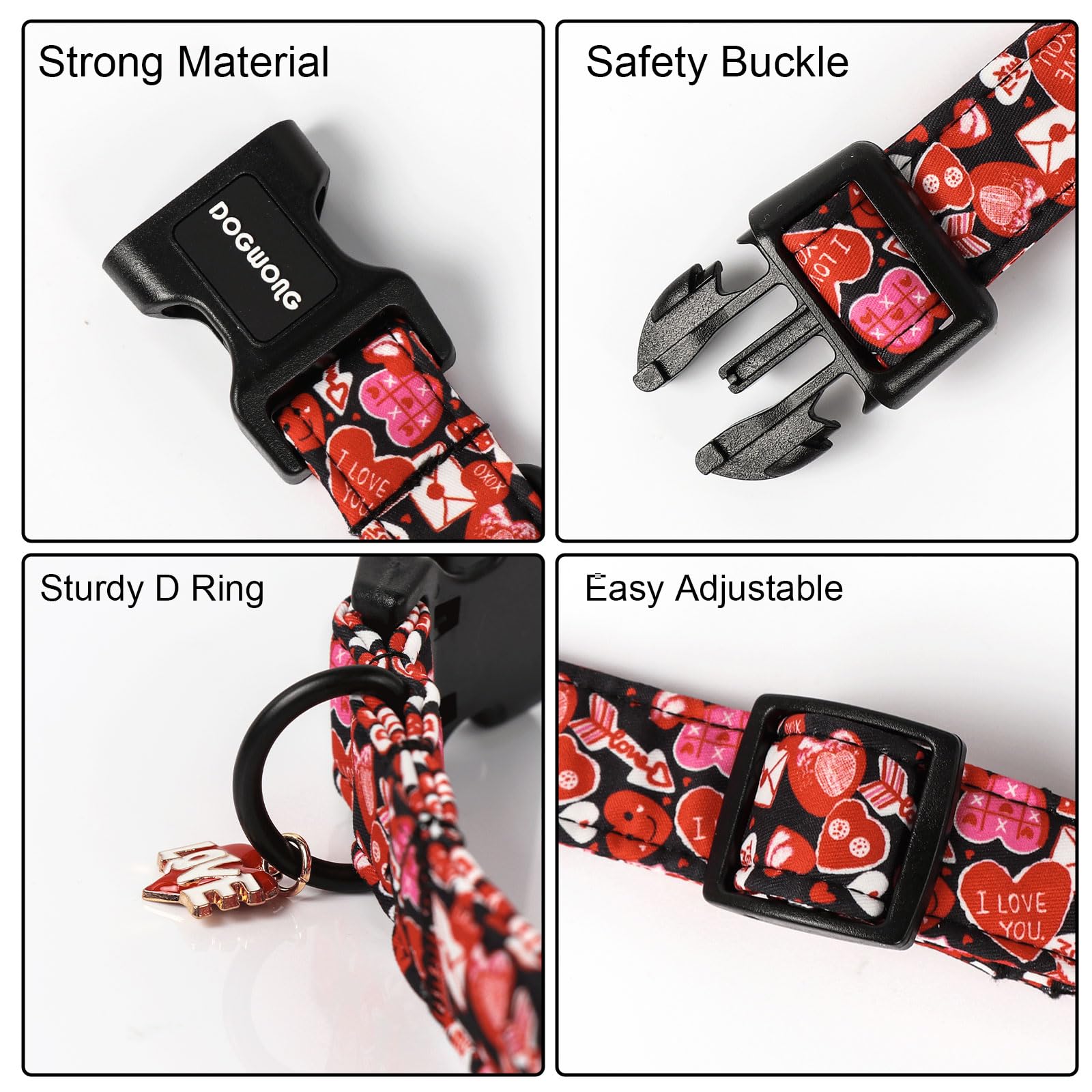 Dogwong Valentine Dog Collar- Cute Red Heart Dog Collars Adjustable Durable Designer Valentines Day Dog Collar For Small Medium