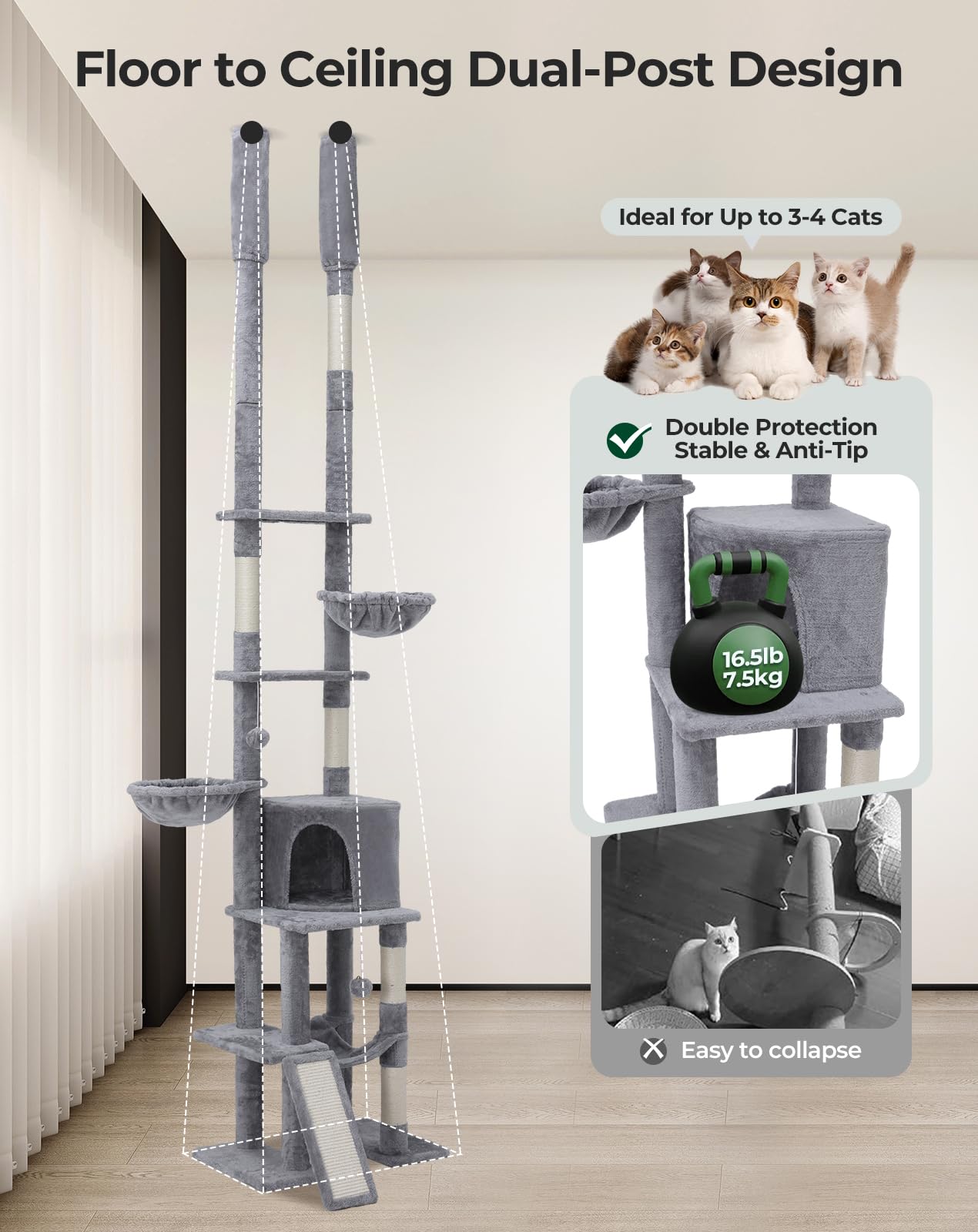 Floor To Ceiling Cat Tree Tower, Adjustable Height(85.6-114) 7-Level Tall Cat Tower With Scratching Post, Condo & Hammock Fo