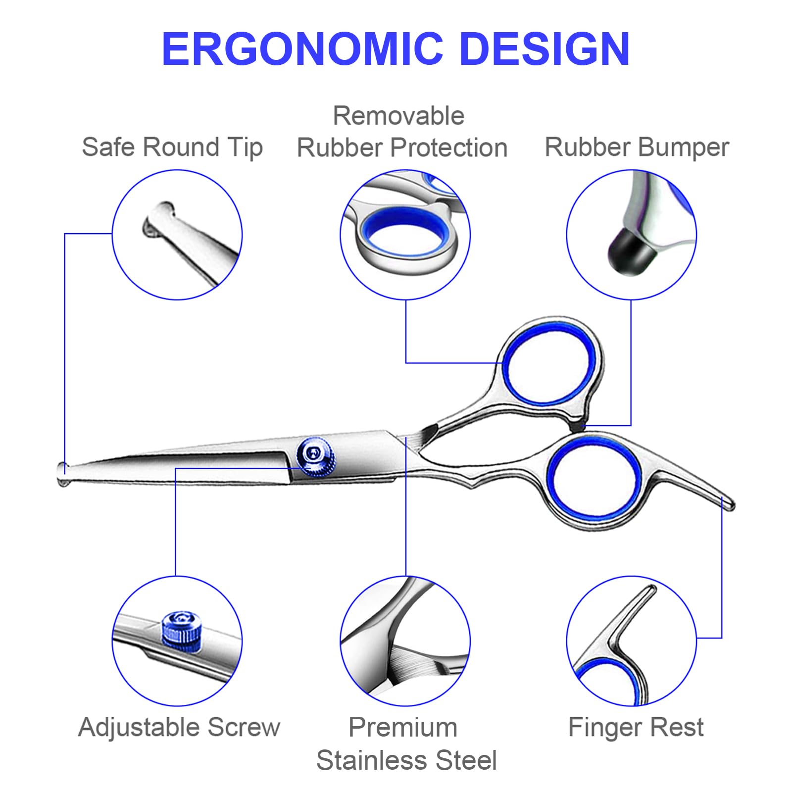 TINMARDA Dog Grooming Scissors Kit, 5 in 1 Stainless Steel, 6.5" Blue, Titanium Coated, Model TMD0401201