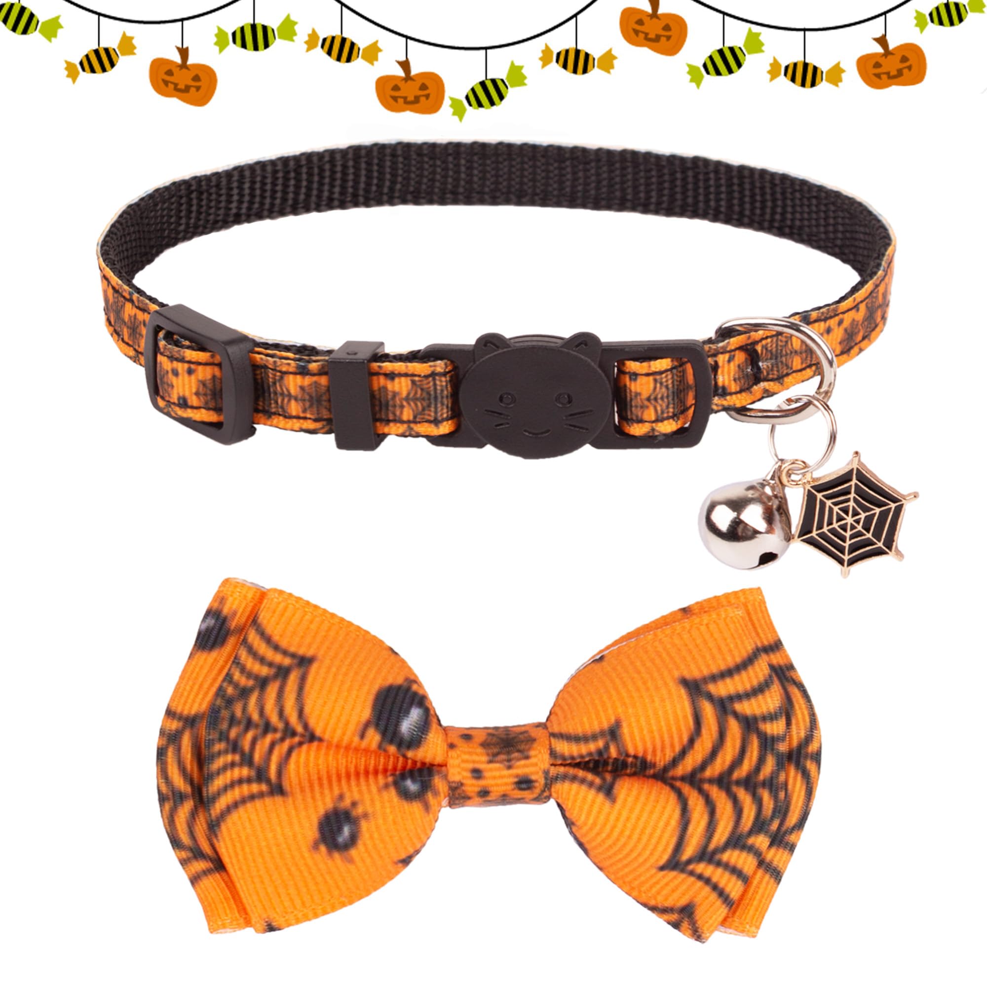 Adoggygo Halloween Cat Collars With Bow Bell, Breakaway Cat Bowtie Collar Spider Web Skull Pattern Halloween Collars For Girl Boy Cats Kittens (Halloween-2)