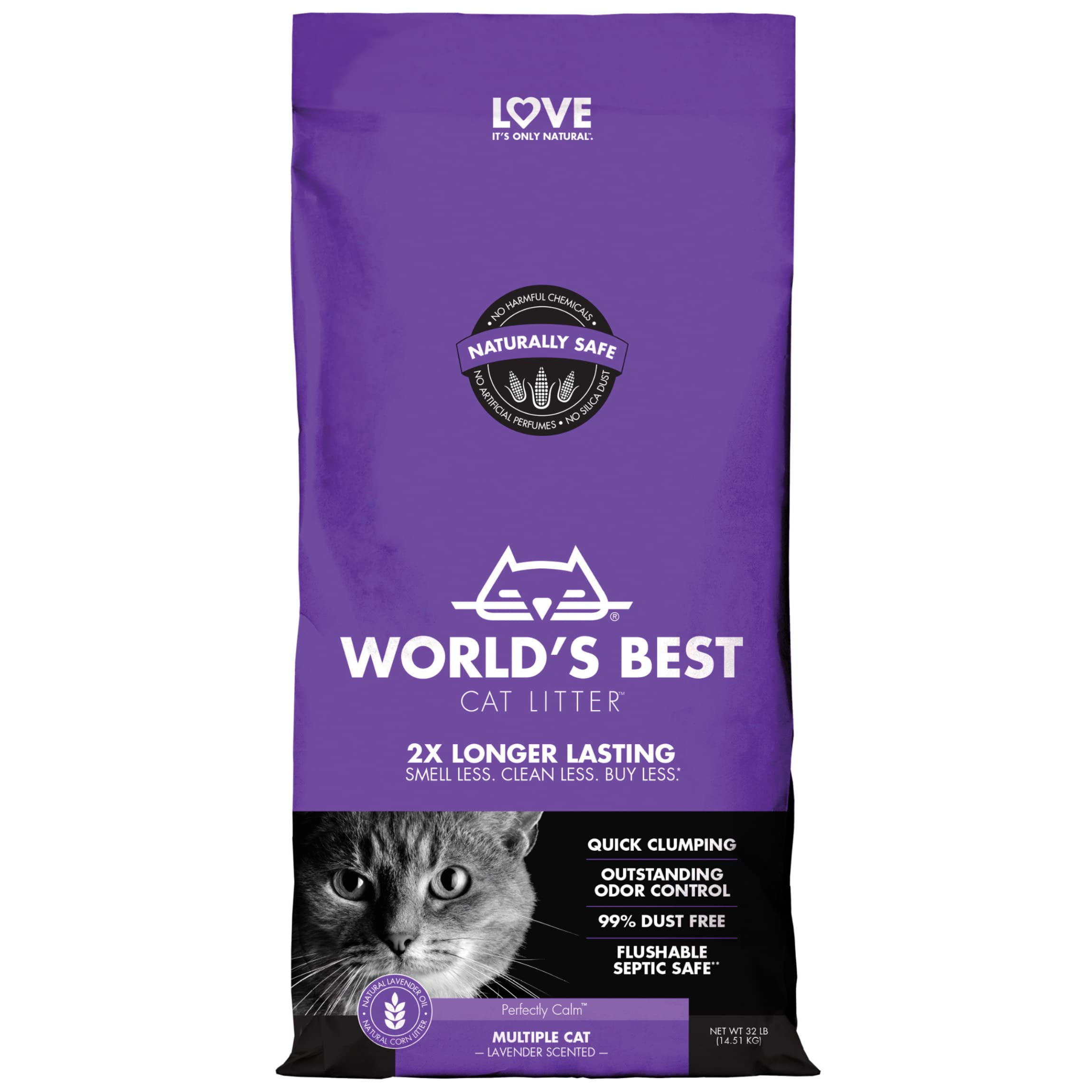 World'S Best Cat Litter Multiple Cat Lavender Scented 32-Pounds - Natural Ingredients, Quick Clumping, Flushable, 99% Dust Free & Made In Usa - Calming Fragrance & Long-Lasting Odor Control