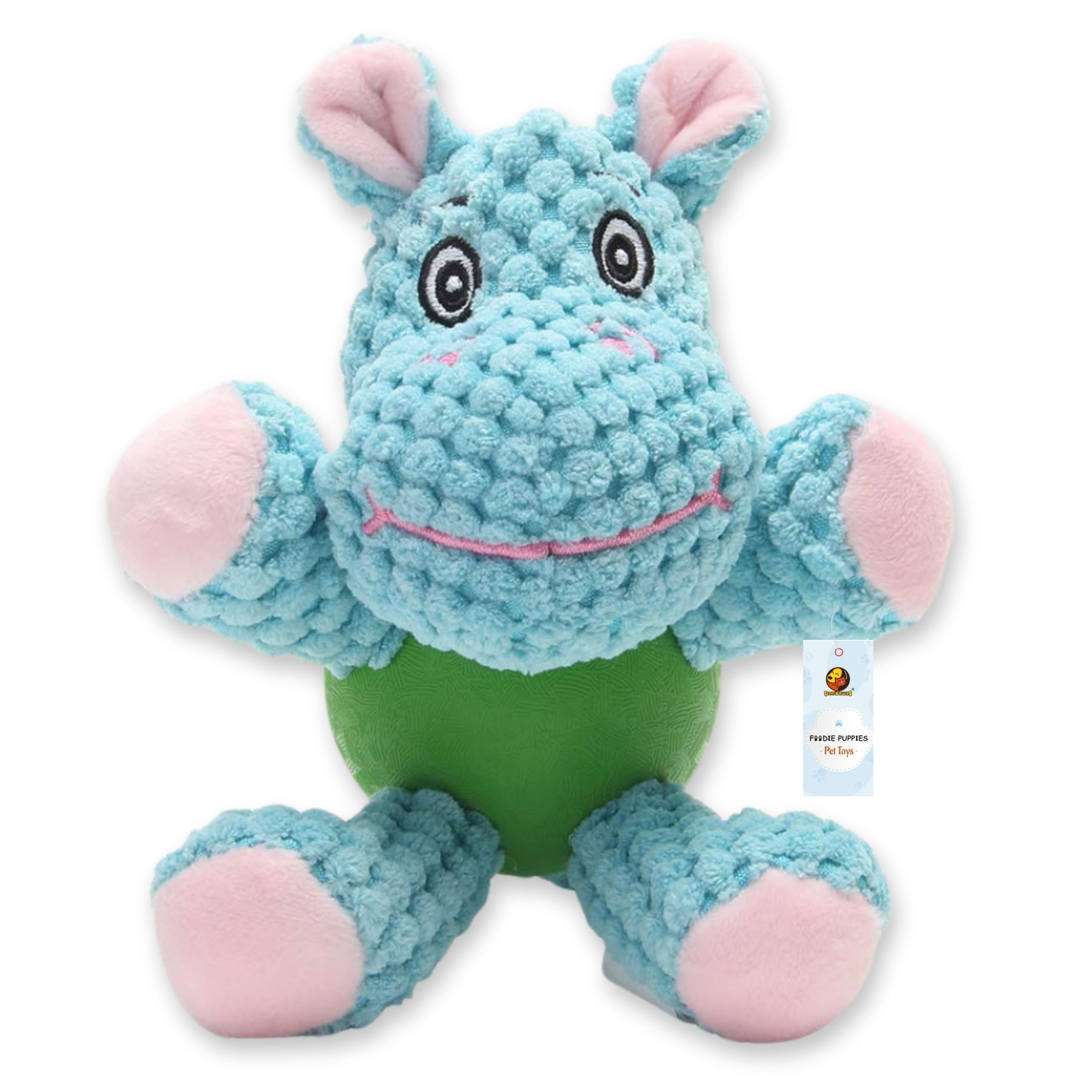 Foodie Puppies Interactive Dog Squeaky Plush Toy (Blue Hippo, Medium) | Crinkle Paper, Rubber Vest Chew Toy For Teething, Cuddli