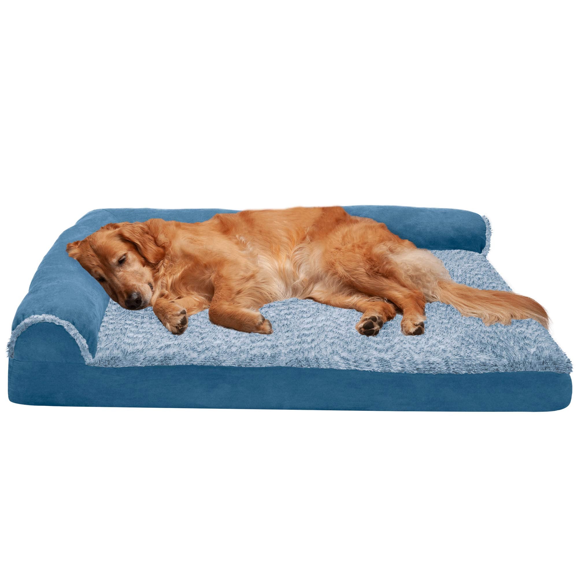 Furhaven Orthopedic Dog Bed For Large Dogs W/ Removable Bolsters & Washable Cover, For Dogs Up To 95 Lbs - Two-Tone Plush Faux Fur & Suede L Shaped Chaise - Marine Blue, Jumbo/Xl