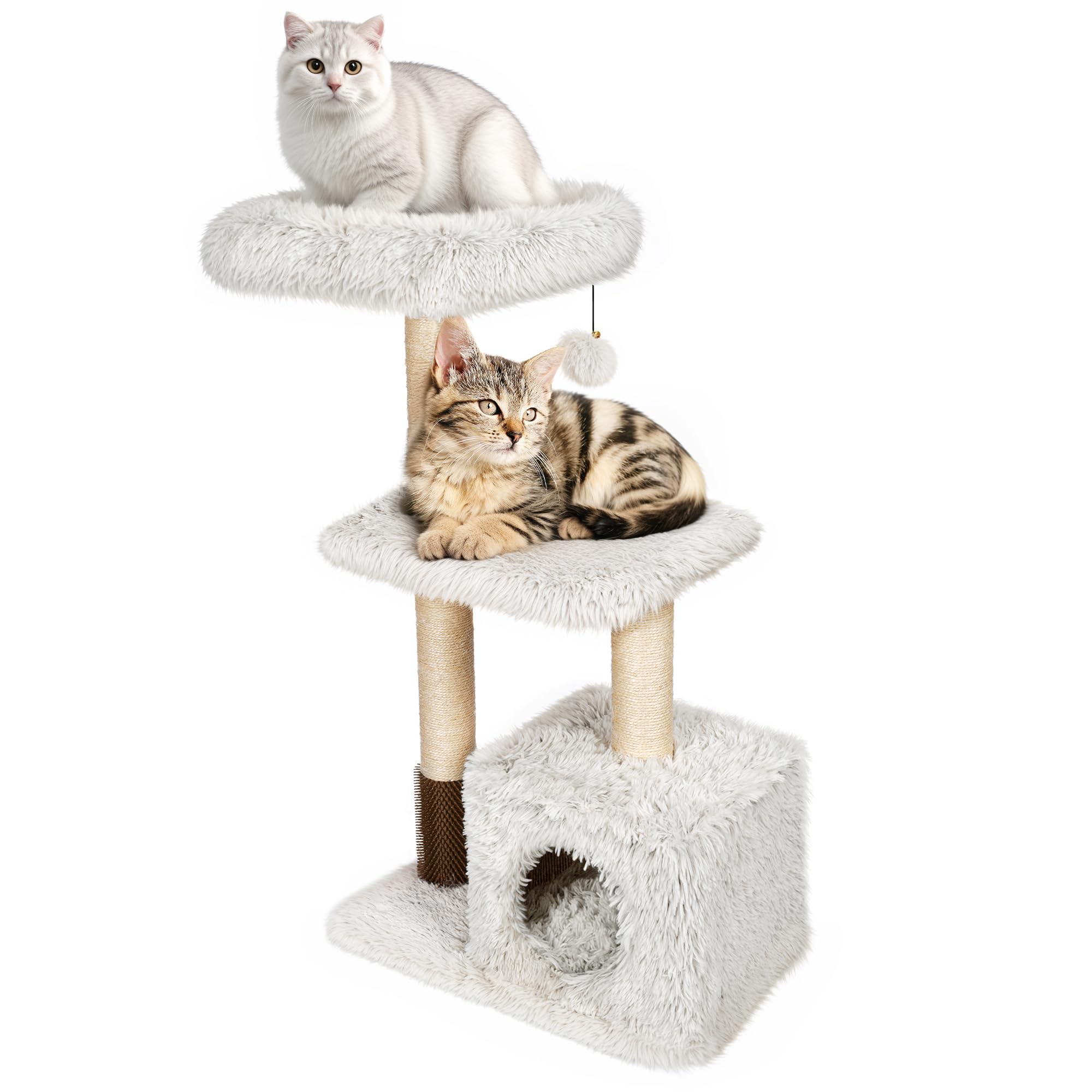 KAMABOKO Modern Cat Tree - 41" Tall Wooden Cat Tower with Condo, Hammock & Perch - White