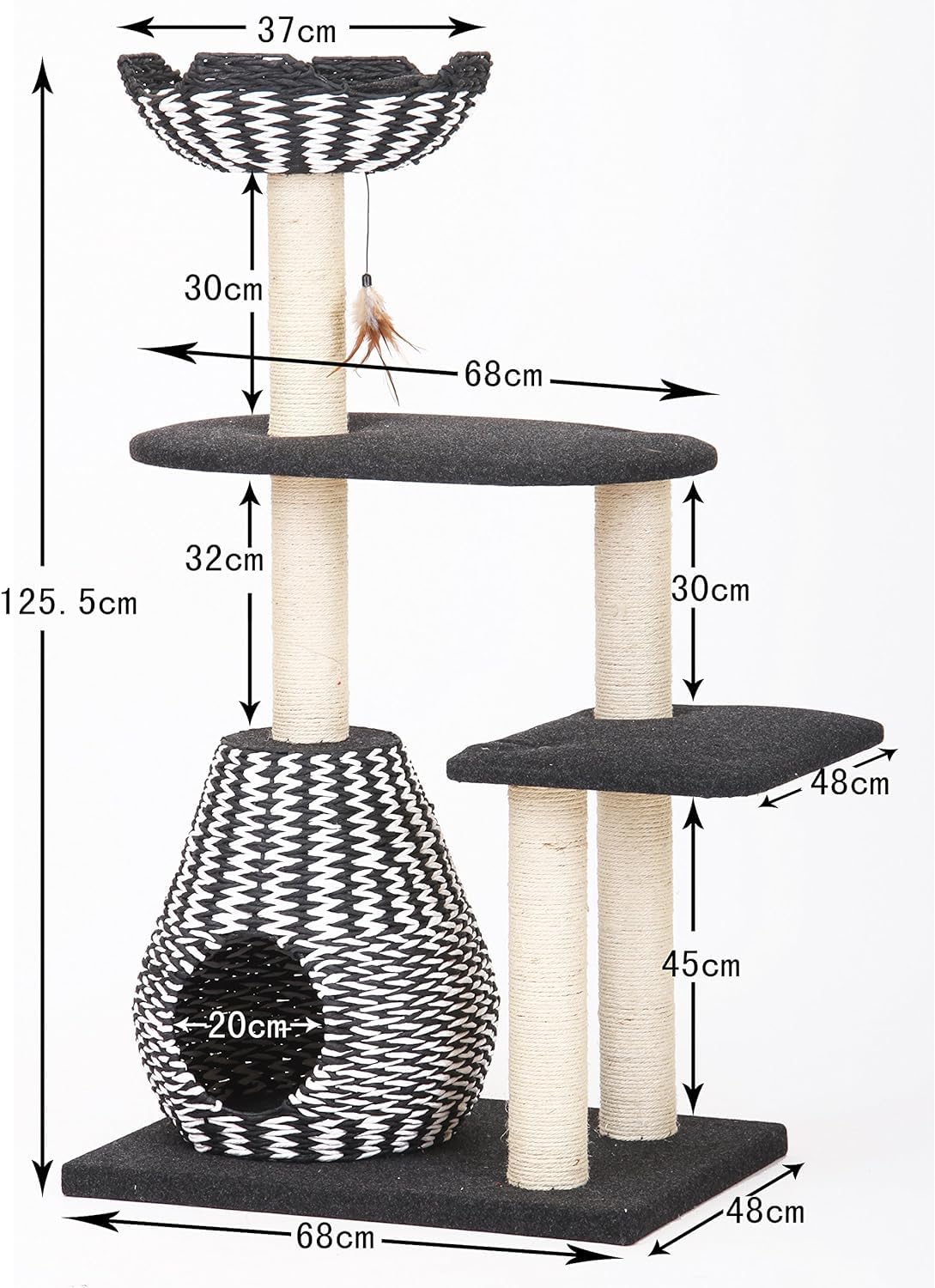 PetPals Cat Tree Royal - 3 Level, Jet Black & Porcelain White, 27x19x49", Durable Paper, Model PP2582-ROCKY, Fun Toy Included