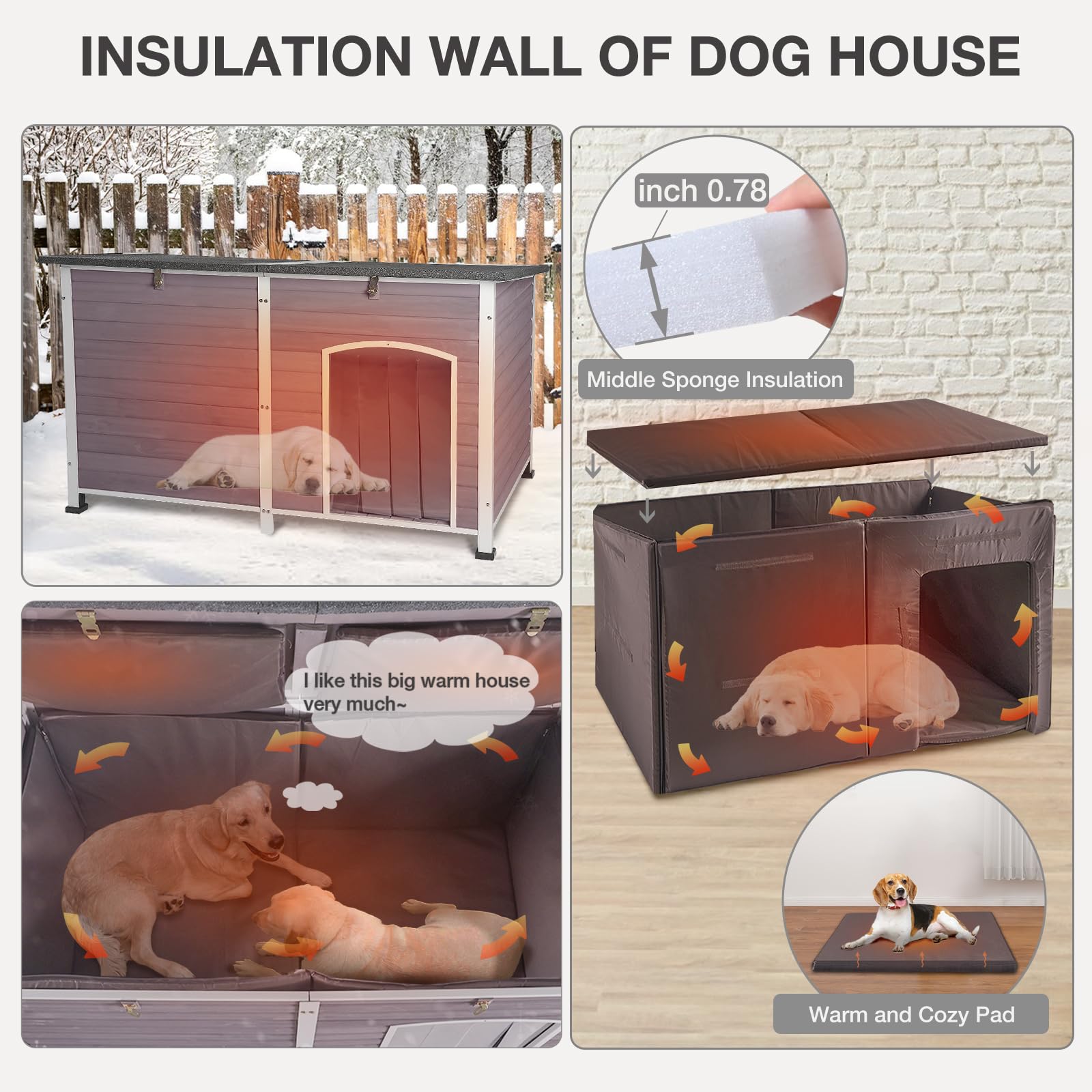 Outdoor Dog House 59.1'' Extra Large 100% Insulated Dog Kennel With Liner Keep Warm In Winter,Metal Frame Dog Cage
