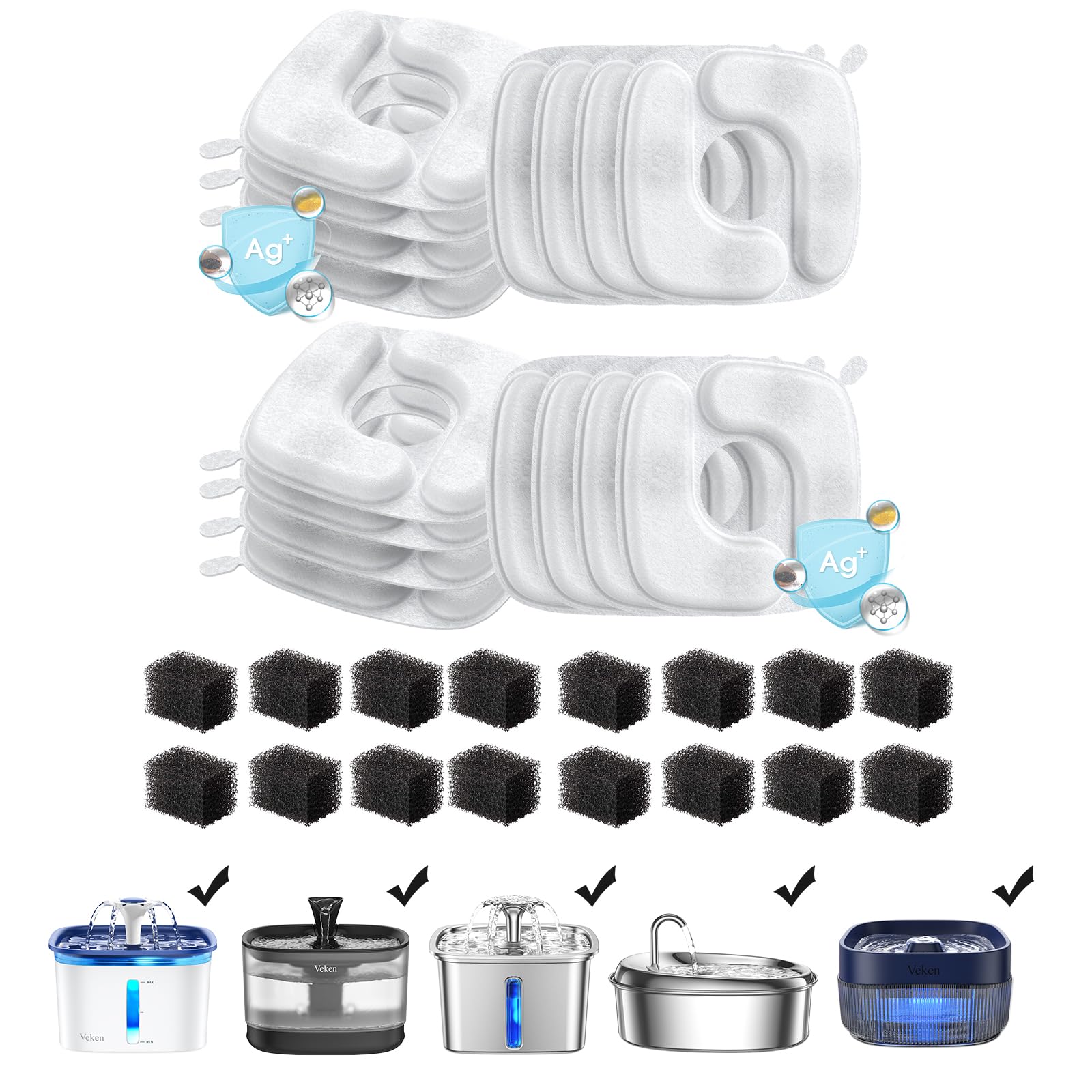 Veken Cat Water Fountain Filters, 16 Pack Replacement Filters & 16 Pack Replacement Pre-Filter Sponges Set For 67Oz, 95Oz, 135Oz Automatic Pet Fountain Dog Water Dispenser