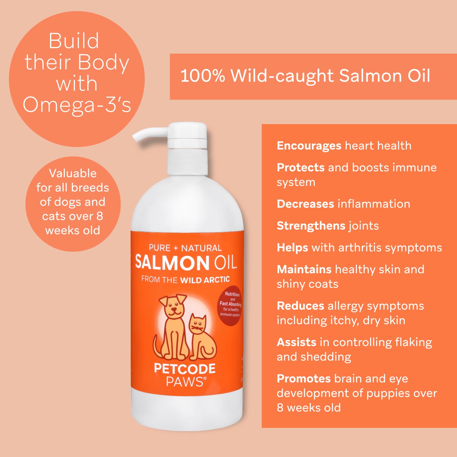 PETCODE PAWS Salmon Oil for Dogs & Cats - 100% Pure & Natural, 32 OZ, Model 12