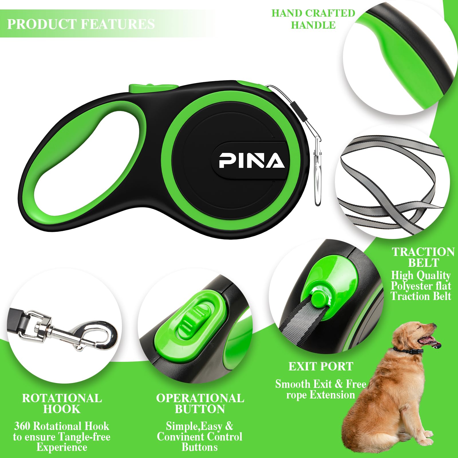 Pina Retractable Dog Leash, 26Ft Dog Leash For Small Medium Large Dogs Up To 110Lbs, 360 Tangle-Free Strong Reflective Nylon Tap
