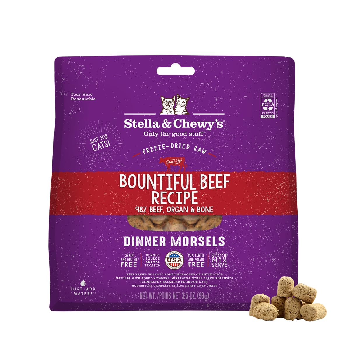 Stella & Chewys Freeze-Dried Raw Cat Dinner Morsels - Premium Beef Recipe with 98% Grass-Fed Meat & Organs - Natural Grain-Free
