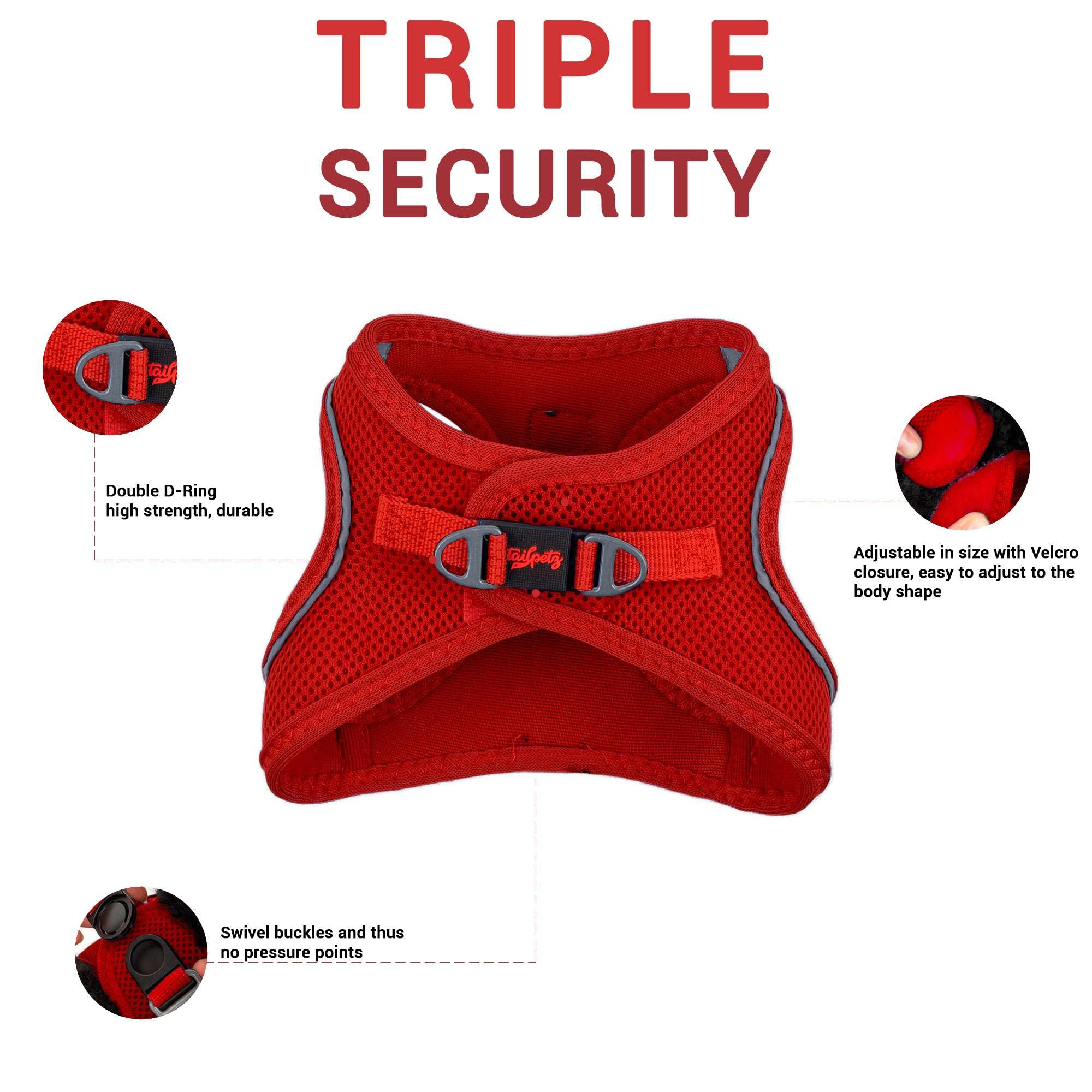 Tailpetz XXXS Red Dog Harness, Adjustable Step in No Pull Dog Harness Small Sized Dog, Reflective Puppy Harness for Puppy Traini